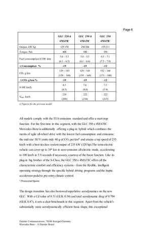 Daimler Communications, 70546 Stuttgart/Germany
Mercedes-Benz – A Daimler Brand
Page 6
GLC 220 d
4MATIC
GLC 250 d
4MATIC
GLC 250
4MATIC
Output, kW/hp 125/170 150/204 155/211
Torque, Nm 400 500 350
Fuel consumption (l/100 km)
5.0 - 5.5
(6.1 - 6.5)
5.0 - 5.5
(6.1 - 6.6)
6.5 - 7.1
(7.5 - 7.9)
∆ Consumption % -19 -19 -12
CO2 g/km
129 - 143
(159 - 169)
129 - 143
(159 - 169)
152 - 166
(173 - 180)
∆ CO2 g/km % -19 -19 -12
0-100 km/h
8.3
(8.5)
7.6
(8.0)
7.3
(7.9)
Vmax km/h
210
(205)
222
(210)
222
(215)
() Figures for the previous model
All models comply with the EU6 emissions standard and offer a start/stop
function. For the first time in this segment, with the GLC 350 e 4MATIC
Mercedes-Benz is additionally offering a plug-in hybrid which combines the
merits of agile all-wheel drive with the lowest fuel consumption and emissions:
the mid-size SUV emits only 60 g of CO2 per km* and attains a top speed of 235
km/h with a best-in-class system output of 235 kW (320 hp).The semi-electric
vehicle can cover up to 34* km in zero-emission all-electric mode, accelerating
to 100 km/h in 5.9 seconds if necessary,courtesy of the boost function. Like its
plug-in big brother of the S-Class, the GLC 350 e 4MATIC offers all the
characteristic comfort and efficiency systems - from the flexible, intelligent
operating strategy through the specific hybrid driving programs and the haptic
accelerator pedalto pre-entry climate control.
* Provisional figures
The design transition has also bestowed superlative aerodynamics on the new
GLC. With a Cd value of 0.31 (GLK 0.34) and total aerodynamic drag of 0.794
(GLK 0.87), it sets a clear benchmark in this segment. Apart from the vehicle's
substantially more aerodynamically efficient basic shape, this exceptional
 