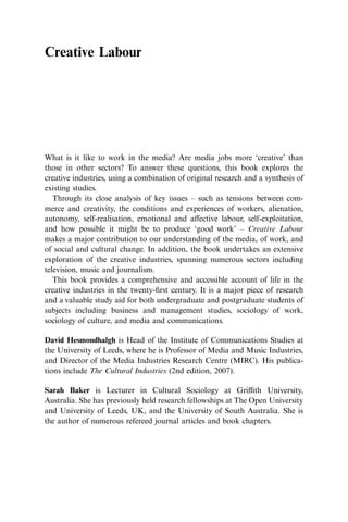 Creative Labour Creative Labour Media Work In Three Cultural Industries David ...