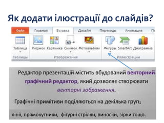 Як додати ілюстрації до слайдів?
:
лінії, прямокутники, фігурні стрілки, виноски, зірки тощо.
 