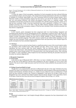 270 Shakil et al., 2014
Australian Journal of Basic and Applied Sciences, 8(7) May 2014, Pages: 265-276
Source: 1
Forcasted Population for 2011 (43,000) of Dhanmondi Residential Area, Per Capita Waste Generation Rate (Enayetullah et al.,
2006); 2
Enayetullah et al., (2006)
1.2.5 Food:
To assess the impact of food consumption, expenditure for food consumption has been collected following
some predefined category and sub-category. This categorization has been determined on the basis of availability
of standards for Economic Input-Output Life Cycle Assessment [EIO-LCA] (Green Design Institute, 2011).
Maximum number of food consumption category has been tried to cover but for the absence of the standards
and vast socio-cultural difference with abroad sub-categories finally fixed at a moderate number. Total
consumption unit has been converted into annual consumption unit, and then using the unit price, yearly cost in
taka has been calculated. Finally it has been transformed into yearly expenditure in Millions U.S. $ using a
standard conversion rate (1 U.S. $=70 Taka). Using the GHG emission standards collected earlier, carbon
dioxide emission from each consumption category of food has been calculated. Detail calculation procedure has
been shown in Appendix-B
1.2.6 Goods:
In this research, goods consumption has been categorized under two broad headings. Equipment and
Furnishing goods and goods used for Housekeeping activities. Subcategory of goods for day to day life use has
been determined based on the availability of GHG emission standards (Green Design Institute, 2011). Moderate
number of goods consumption category has been tried to include. Monthly or yearly expenditure has been
collected for the specified categories. Then GHG emission resulted for per million dollar expenditure in each
category has been calculated. Finally using the sequestration factor and equivalency factor footprint figure for
goods consumption has been calculated (Appendix-C)
1.2.7 Services:
Expenditure in service activity has been found as a significant portion in most of the recent footprint studies
(Xu and Martin, 2010; Cardiff Council, 2005; Stechbart and Jefry, 2010). In this research, service activity
expenditure has been assessed under four broad categories. They are Education, Health, Entertainment,
Technical and Administrative. Sub-categories have been determined based on the availability of carbon emission
standard values (Green Design Institute, 2011) discussed earlier in the food and goods section. After collecting
the monthly or yearly expenditure carbon footprint has been determined following the procedure discussed in
the earlier two sections (Appendix-D)
2. Biocapacity Components:
2.1 Forest Land:
In the land use map of Dhanmondi (DCC, 2002) there is no layer or database for greenery exist within that
area. So the area of Non Built-Up Land has been considered as the area of greenery or Forest Land in this
research. This may be lead to slight inaccurate result but for the lack of data availability this procedure has been
followed.
2.2 Fishing Ground and Built-Up Land:
Though there is no commercial fish cultivation in Dhanmondi Lake but in this study Yield factor has been
assumed to be equal to the National Level, thus overestimating the actual biocapacity following the principles of
footprint and biocapacity calculation (Ewing et al., 2010a). In case of Built-Up Land, its productivity or Yield
factor has been assumed as equal to the Cropland of Bangladesh. Yield factors for all types of land uses for
Bangladesh have been collected from Global Footprint Network directly through E-mail. Equivalency factors
for all types of land uses have been derived from Ecological Footprint Atlas (Ewing et al., 2010a).
Table 14: Biocapacity Calculation.
Land Use 1
Area (Hectare) 2
Yield Factor 3
Equivalency Factor (gha/hectare) Biocapacity
(gha)
4
Biocapacity
(gha/capita)
Cropland 0.000 × 1.852 × 2.510 = 0.000 0.0000
Grazing Land 0.000 × 1.898 × 0.460 = 0.000 0.0000
Forestland 45.848 × 0.351 × 1.260 = 20.277 0.0005
Fishing Ground 18.128 × 1.000 × 0.370 6.707 0.0002
Built-Up Land 173.167 × 1.852 × 2.510 = 804.970 0.0187
Total 831.954 0.0193
Source: 1
DCC (2002); 2
Yield Factors of Bangladesh, Global Footprint Network (2011); 3
Ewing et al., (2010a); 4
Forecasted Population for
2011 (43,000) of Dhanmondi Residential Area
Result:
Dhanmondi residential areas‟ total footprint through different components has been demonstrated in the
following table
 