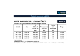 VIVER ANANINDEUA - 3 DORMITÓRIOS Modulo III
ENDEREÇO: AV CLAUDIO SANDERS - ANTIGA ESTRADA DO MAGUARI
A 1 anual
Unidade Ato 30 60 e 90 Financiamento em Preço
dias do ato Bancário 10/10/2016
Nota 1 Nota 1 Nota 1
101 e 102 2,637.58 4,917.22 114,390 100 131,879
201 e 202 2,637.58 4,917.22 114,390 100 131,879
301 e 302 2,637.58 4,917.22 114,390 100 131,879
401 e 402 2,637.58 4,917.22 114,390 100 131,879
Tabela setembro/2013
1 -REAJUSTAMENTO
a) variação mensal pelo INCC / FGV (Indice Nacional da Construção Civil).
b) índice base referente ao segundo mês imediatamente anterior ao da assinatura do Instrumento Particular de Compromisso de Venda e Compra.
 