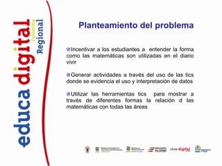 Planteamiento del problema

  Incentivar a los estudiantes a entender la forma
como las matemáticas son utilizadas en el diario
vivir

 Generar actividades a través del uso de las tics
donde se evidencia el uso y interpretación de datos

  Utilizar las herramientas tics para mostrar a
través de diferentes formas la relación d las
matemáticas con todas las áreas
 