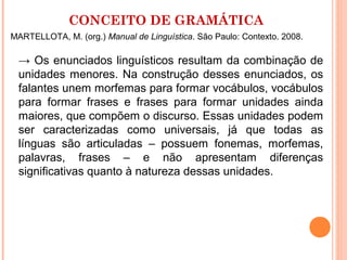 CONCEITO DE GRAMÁTICA
MARTELLOTA, M. (org.) Manual de Linguística. São Paulo: Contexto. 2008.

→ Os enunciados linguísticos resultam da combinação de
unidades menores. Na construção desses enunciados, os
falantes unem morfemas para formar vocábulos, vocábulos
para formar frases e frases para formar unidades ainda
maiores, que compõem o discurso. Essas unidades podem
ser caracterizadas como universais, já que todas as
línguas são articuladas – possuem fonemas, morfemas,
palavras, frases – e não apresentam diferenças
significativas quanto à natureza dessas unidades.

 
