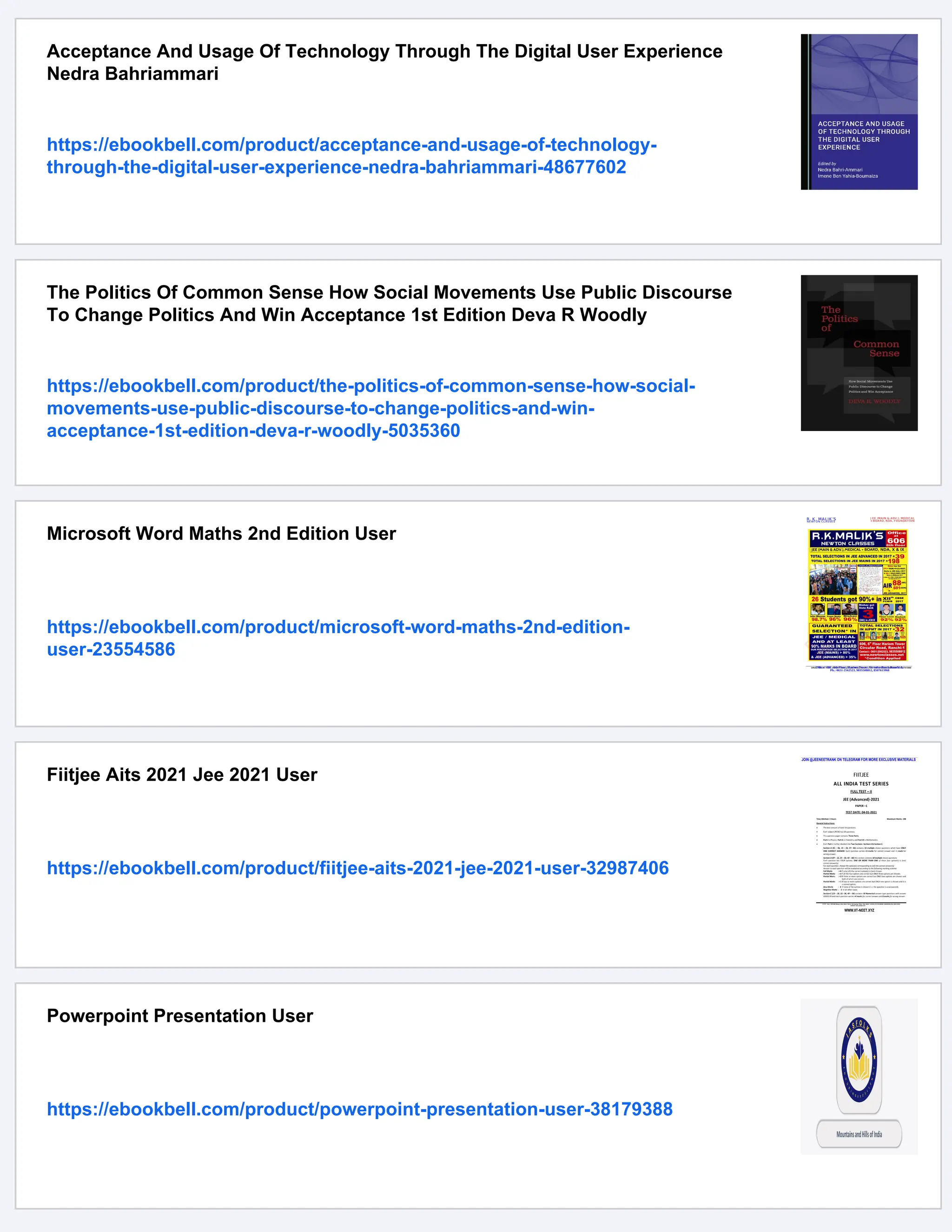 Acceptance And Usage Of Technology Through The Digital User Experience
Nedra Bahriammari
https://ebookbell.com/product/acceptance-and-usage-of-technology-
through-the-digital-user-experience-nedra-bahriammari-48677602
The Politics Of Common Sense How Social Movements Use Public Discourse
To Change Politics And Win Acceptance 1st Edition Deva R Woodly
https://ebookbell.com/product/the-politics-of-common-sense-how-social-
movements-use-public-discourse-to-change-politics-and-win-
acceptance-1st-edition-deva-r-woodly-5035360
Microsoft Word Maths 2nd Edition User
https://ebookbell.com/product/microsoft-word-maths-2nd-edition-
user-23554586
Fiitjee Aits 2021 Jee 2021 User
https://ebookbell.com/product/fiitjee-aits-2021-jee-2021-user-32987406
Powerpoint Presentation User
https://ebookbell.com/product/powerpoint-presentation-user-38179388
 