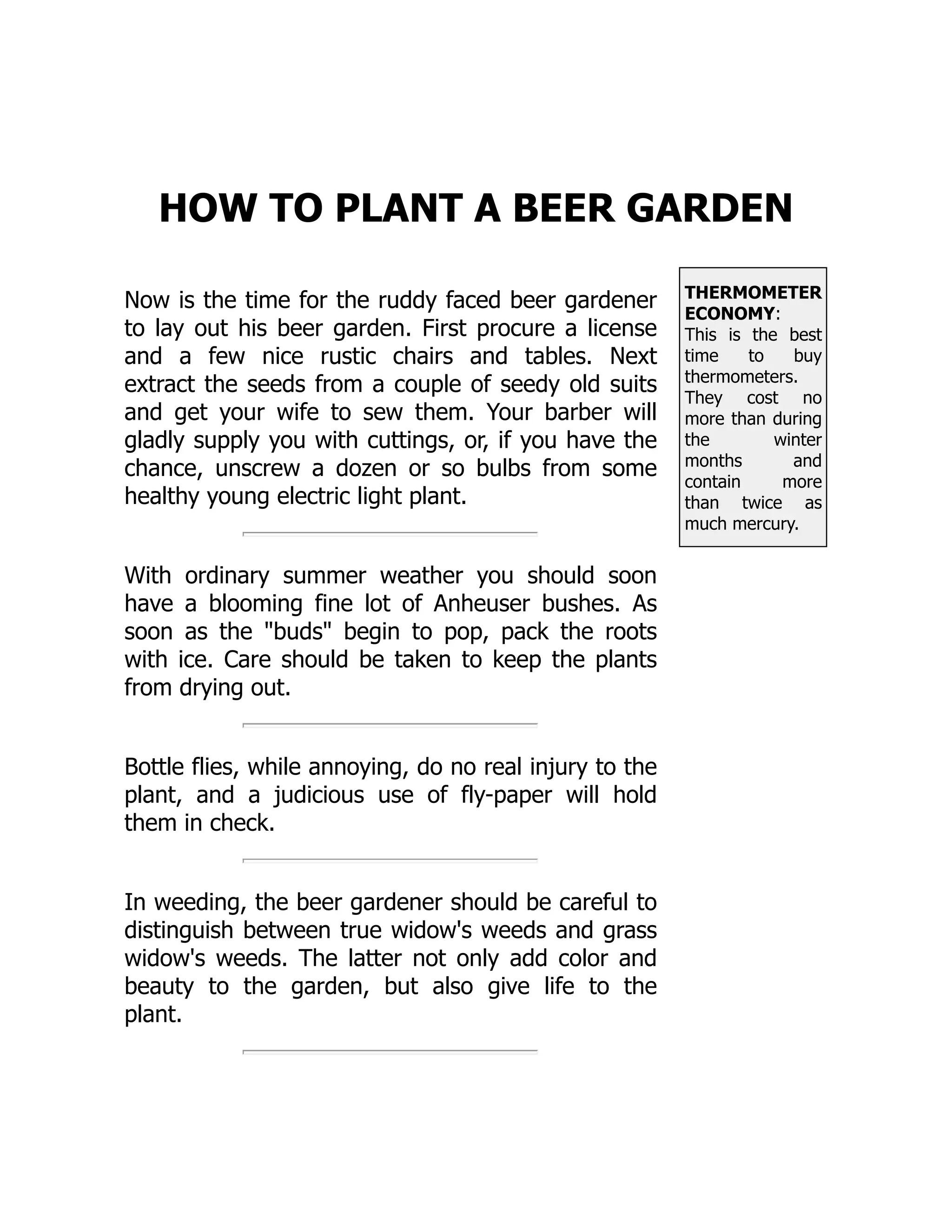 THERMOMETER
ECONOMY:
This is the best
time to buy
thermometers.
They cost no
more than during
the winter
months and
contain more
than twice as
much mercury.
HOW TO PLANT A BEER GARDEN
Now is the time for the ruddy faced beer gardener
to lay out his beer garden. First procure a license
and a few nice rustic chairs and tables. Next
extract the seeds from a couple of seedy old suits
and get your wife to sew them. Your barber will
gladly supply you with cuttings, or, if you have the
chance, unscrew a dozen or so bulbs from some
healthy young electric light plant.
With ordinary summer weather you should soon
have a blooming fine lot of Anheuser bushes. As
soon as the buds begin to pop, pack the roots
with ice. Care should be taken to keep the plants
from drying out.
Bottle flies, while annoying, do no real injury to the
plant, and a judicious use of fly-paper will hold
them in check.
In weeding, the beer gardener should be careful to
distinguish between true widow's weeds and grass
widow's weeds. The latter not only add color and
beauty to the garden, but also give life to the
plant.
 