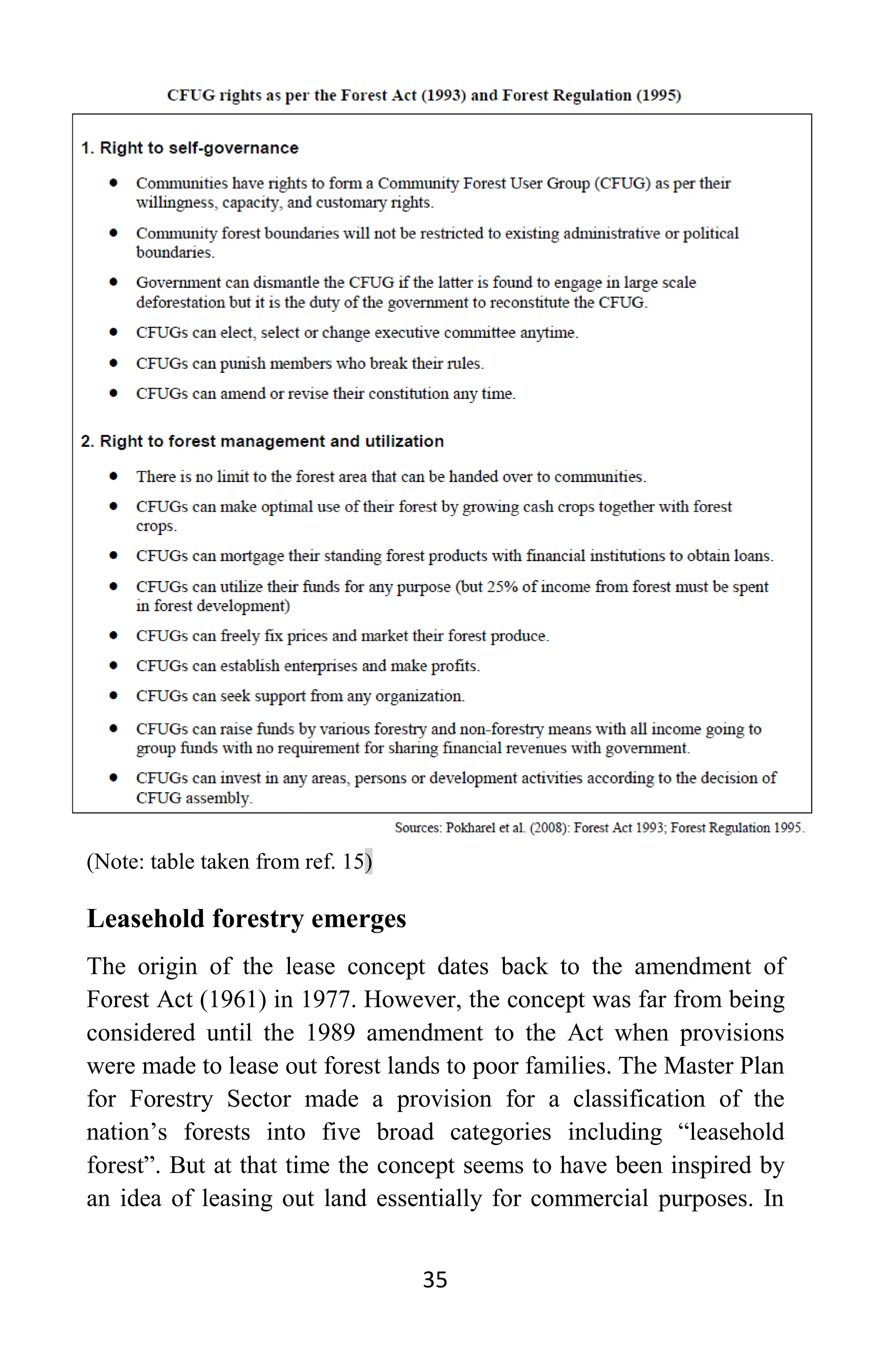 35
(Note: table taken from ref. 15)
Leasehold forestry emerges
The origin of the lease concept dates back to the amendment of
Forest Act (1961) in 1977. However, the concept was far from being
considered until the 1989 amendment to the Act when provisions
were made to lease out forest lands to poor families. The Master Plan
for Forestry Sector made a provision for a classification of the
nation’s forests into five broad categories including “leasehold
forest”. But at that time the concept seems to have been inspired by
an idea of leasing out land essentially for commercial purposes. In
 