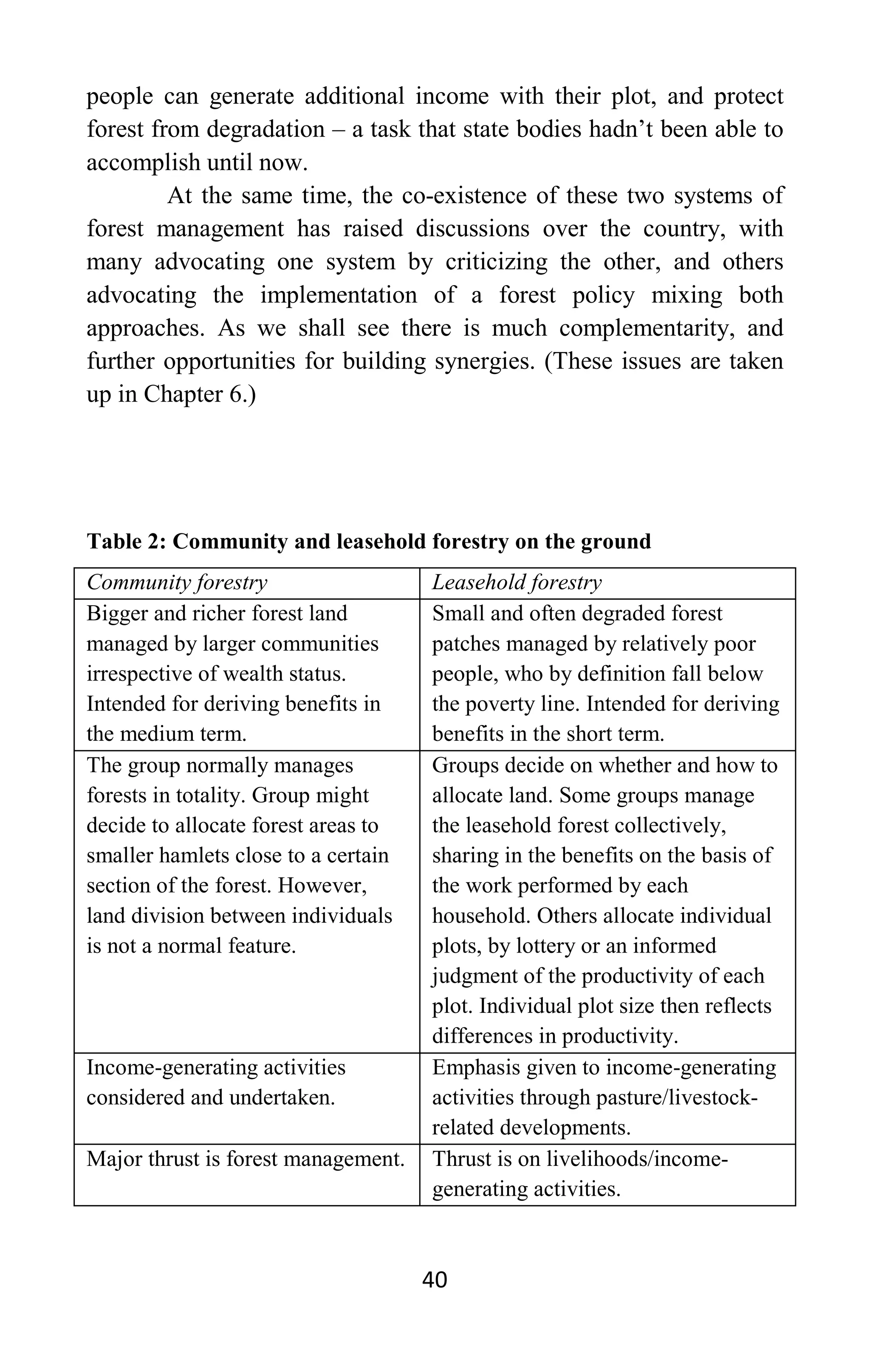 40
people can generate additional income with their plot, and protect
forest from degradation – a task that state bodies hadn’t been able to
accomplish until now.
At the same time, the co-existence of these two systems of
forest management has raised discussions over the country, with
many advocating one system by criticizing the other, and others
advocating the implementation of a forest policy mixing both
approaches. As we shall see there is much complementarity, and
further opportunities for building synergies. (These issues are taken
up in Chapter 6.)
Table 2: Community and leasehold forestry on the ground
Community forestry Leasehold forestry
Bigger and richer forest land
managed by larger communities
irrespective of wealth status.
Intended for deriving benefits in
the medium term.
Small and often degraded forest
patches managed by relatively poor
people, who by definition fall below
the poverty line. Intended for deriving
benefits in the short term.
The group normally manages
forests in totality. Group might
decide to allocate forest areas to
smaller hamlets close to a certain
section of the forest. However,
land division between individuals
is not a normal feature.
Groups decide on whether and how to
allocate land. Some groups manage
the leasehold forest collectively,
sharing in the benefits on the basis of
the work performed by each
household. Others allocate individual
plots, by lottery or an informed
judgment of the productivity of each
plot. Individual plot size then reflects
differences in productivity.
Income-generating activities
considered and undertaken.
Emphasis given to income-generating
activities through pasture/livestock-
related developments.
Major thrust is forest management. Thrust is on livelihoods/income-
generating activities.
 