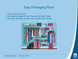 Equity Equations | August 9, 2016
Easy Packaging Plans
• Only one Equity Limit
• All students eligible for all Financial Aid Item Types
• All award amounts are the same across Item Types
 