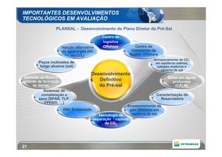 IMPORTANTES DESENVOLVIMENTOS
TECNOLÓGICOS EM AVALIAÇÃO
                  PLANSAL - Desenvolvimento do Plano Diretor do Pré-Sal
                                           Centro de
                                           logística
                     Injeção alternativa   Offshore          Centro de
                     de água e gás (HC                     tratamento de
                          ou CO2)                        fluidos Offshore
                                                                      Armazenamento de CO2
         Poços inclinados de                                           em aqüíferos salinos,
          longo alcance (sal)                                           campos maduros e
                                                                          caverna de sal
                                      Desenvolvimento
 Garantia de fluxo e                                                          Bóias em águas
controle de formação                     Definitivo                             profundas
      de danos                           do Pré-sal                               (CALM)
            Sistemas de
           completação a                                                Caracterização do
          seco (SPAR, TLP,                                                Reservatório
             FPDSO, …)
                                                         Armazenamento de
                      GNL Embarcado                        gás Offshore em
                                          Tecnologia de     caverna de sal
                                       separação / captura
                                             de CO2




21
 