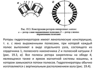 Роторы гидрогенераторов имеют  явнополюсную конструкцию,  т. е. с явно выраженными полюсами, при которой каждый полюс выполняют в виде отдельного узла, состоящего из сердечника 1, полюсного наконечника  2  и полюсной катушки  3  (рис. 19.3,  а).  Все полюсы ротора закреплены на ободе  4,  являющемся также и ярмом магнитной системы машины, в котором замыкаются потоки полюсов. Гидрогенераторы обычно изготовляются с вертикальным расположением вала (рис. 19.4). 