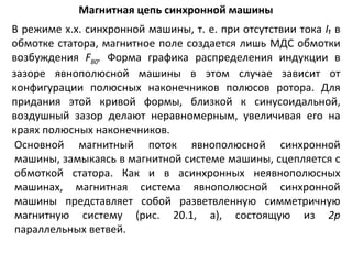 Магнитная цепь синхронной машины В режиме х.х. синхронной машины, т. е. при отсутствии тока  I₁   в обмотке статора, магнитное поле создается лишь МДС обмотки возбуждения  F B 0 .  Форма графика распределения индукции в зазоре явнополюсной машины в этом случае зависит от конфигурации полюсных наконечников полюсов ротора. Для придания этой кривой формы, близкой к синусоидальной, воздушный зазор делают неравномерным, увеличивая его на краях полюсных наконечников . Основной магнитный поток явнополюсной синхронной машины, замыкаясь в магнитной системе машины, сцепляется с обмоткой статора. Как и в асинхронных неявнополюсных машинах, магнитная система явнополюсной синхронной машины представляет собой разветвленную симметричную магнитную систему (рис. 20.1, а), состоящую из  2р  параллельных ветвей. 