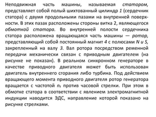 Неподвижная часть машины, называемая  статором,  представляет собой полый шихтованный цилиндр  1  (сердечник статора) с двумя продольными пазами на внутренней поверх­ности. В этих пазах расположены стороны витка 2, являющегося  обмоткой статора.  Во внутренней полости сердечника статора расположена вращающаяся часть машины —  ротор,  представляющий собой постоянный магнит  4  с полюсами  N и  S ,  закрепленный на валу  3.  Вал ротора посредством ременной передачи механически связан с приводным двигателем (на рисунке не показан). В реальном синхронном генераторе в качестве приводного двигателя может быть использован двигатель внутреннего сгорания либо турбина. Под действием вращающего момента приводного двигателя ротор генератора вращается с частотой  n₁   против часовой стрелки. При этом в обмотке статора в соответствии с явлением электромагнитной индукции наводится ЭДС, направление которой показано на рисунке стрелками.  