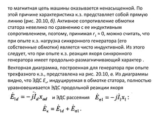 то магнитная цепь машины оказывается ненасыщенной. По этой причине характеристика к.з. представляет собой прямую линию (рис. 20.10,  б).  Активное сопротивление обмотки статора невелико по сравнению с ее индуктивным сопротивлением, поэтому, принимая  r 1   ≈ 0, можно считать, что при опыте к.з. нагрузка синхронного генератора (его собственные обмотки) является чисто индуктивной. Из этого следует, что при опыте к.з. реакция якоря синхронного генератора имеет продольно-размагничивающий характер . Векторная диаграмма, построенная для генератора при опыте трехфазного к.з., представлена на рис. 20.10,  в.  Из диаграммы видно, что ЭДС  E к , индуцируемая в обмотке статора, полностью уравновешивается ЭДС продольной реакции   якоря и   ЭДС рассеяния 