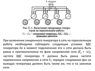 При включении синхронного генератора в сеть на параллельную работу необходимо соблюдать следующие условия: ЭДС генератора  Ео  в момент подключения его к сети должна быть равна и противоположна по фазе напряжению сети ( Ё 0  = - U c ), частота ЭДС генератора  f Г  должна быть равна частоте переменного напряжения в сети  f с ; порядок следования фаз на выводах генератора должен быть таким же, что и на зажимах сети. 