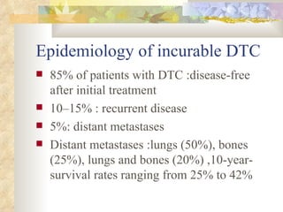 Epidemiology of incurable DTC 85% of patients with DTC :disease-free after initial treatment  10–15% : recurrent disease  5%: distant metastases  Distant metastases :lungs (50%), bones (25%), lungs and bones (20%) ,10-year-survival rates ranging from 25% to 42% 