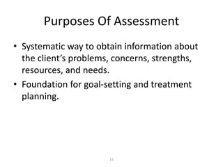15
Purposes Of Assessment
• Systematic way to obtain information about
the client’s problems, concerns, strengths,
resources, and needs.
• Foundation for goal-setting and treatment
planning.
 