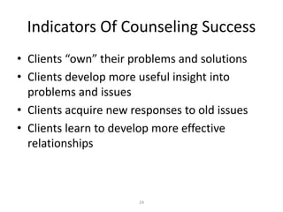 24
Indicators Of Counseling Success
• Clients “own” their problems and solutions
• Clients develop more useful insight into
problems and issues
• Clients acquire new responses to old issues
• Clients learn to develop more effective
relationships
 