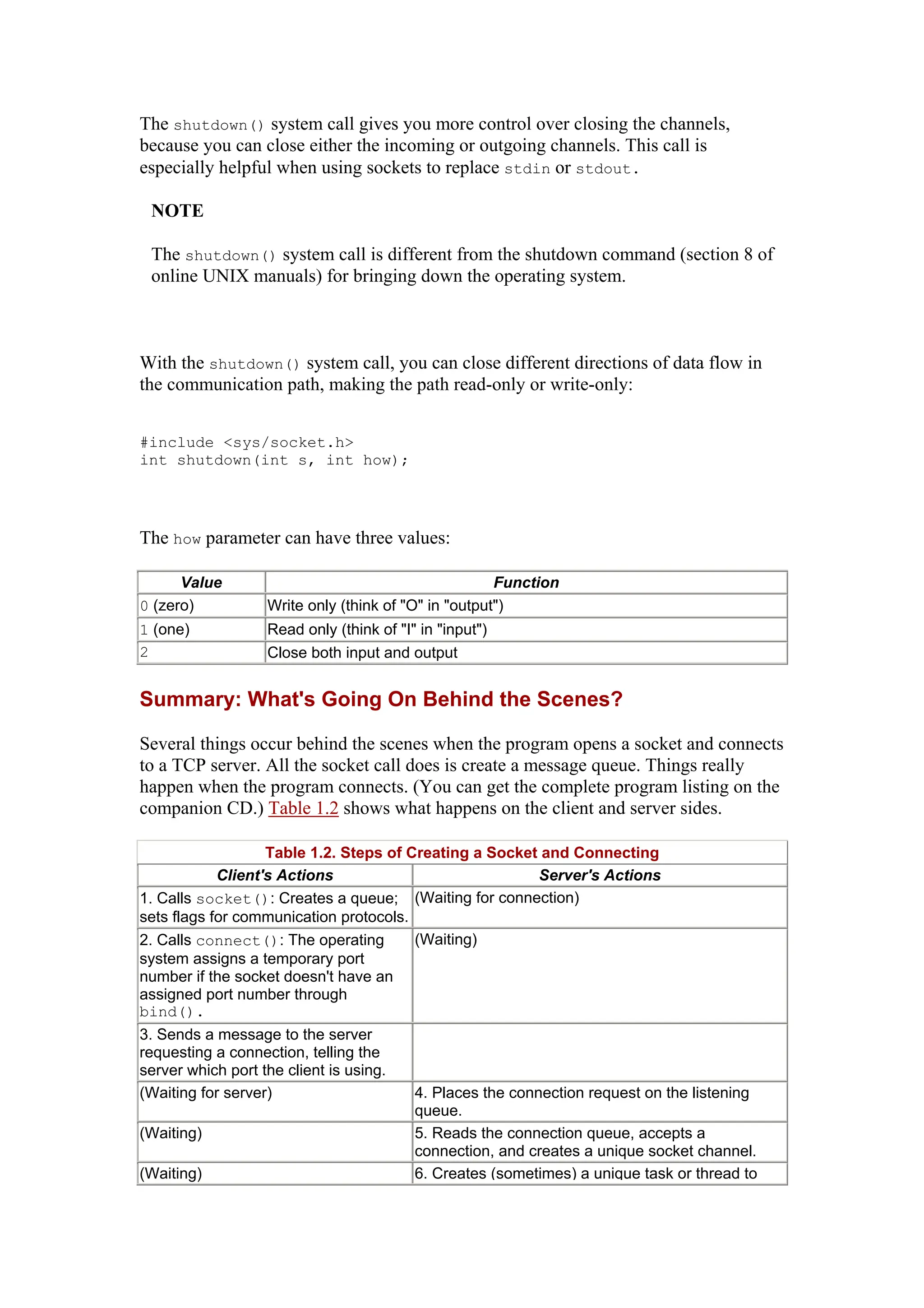 The shutdown() system call gives you more control over closing the channels,
because you can close either the incoming or outgoing channels. This call is
especially helpful when using sockets to replace stdin or stdout.
NOTE
The shutdown() system call is different from the shutdown command (section 8 of
online UNIX manuals) for bringing down the operating system.
With the shutdown() system call, you can close different directions of data flow in
the communication path, making the path read-only or write-only:
#include <sys/socket.h>
int shutdown(int s, int how);
The how parameter can have three values:
Value Function
0 (zero) Write only (think of "O" in "output")
1 (one) Read only (think of "I" in "input")
2 Close both input and output
Summary: What's Going On Behind the Scenes?
Several things occur behind the scenes when the program opens a socket and connects
to a TCP server. All the socket call does is create a message queue. Things really
happen when the program connects. (You can get the complete program listing on the
companion CD.) Table 1.2 shows what happens on the client and server sides.
Table 1.2. Steps of Creating a Socket and Connecting
Client's Actions Server's Actions
1. Calls socket(): Creates a queue;
sets flags for communication protocols.
(Waiting for connection)
2. Calls connect(): The operating
system assigns a temporary port
number if the socket doesn't have an
assigned port number through
bind().
(Waiting)
3. Sends a message to the server
requesting a connection, telling the
server which port the client is using.
(Waiting for server) 4. Places the connection request on the listening
queue.
(Waiting) 5. Reads the connection queue, accepts a
connection, and creates a unique socket channel.
(Waiting) 6. Creates (sometimes) a unique task or thread to
 