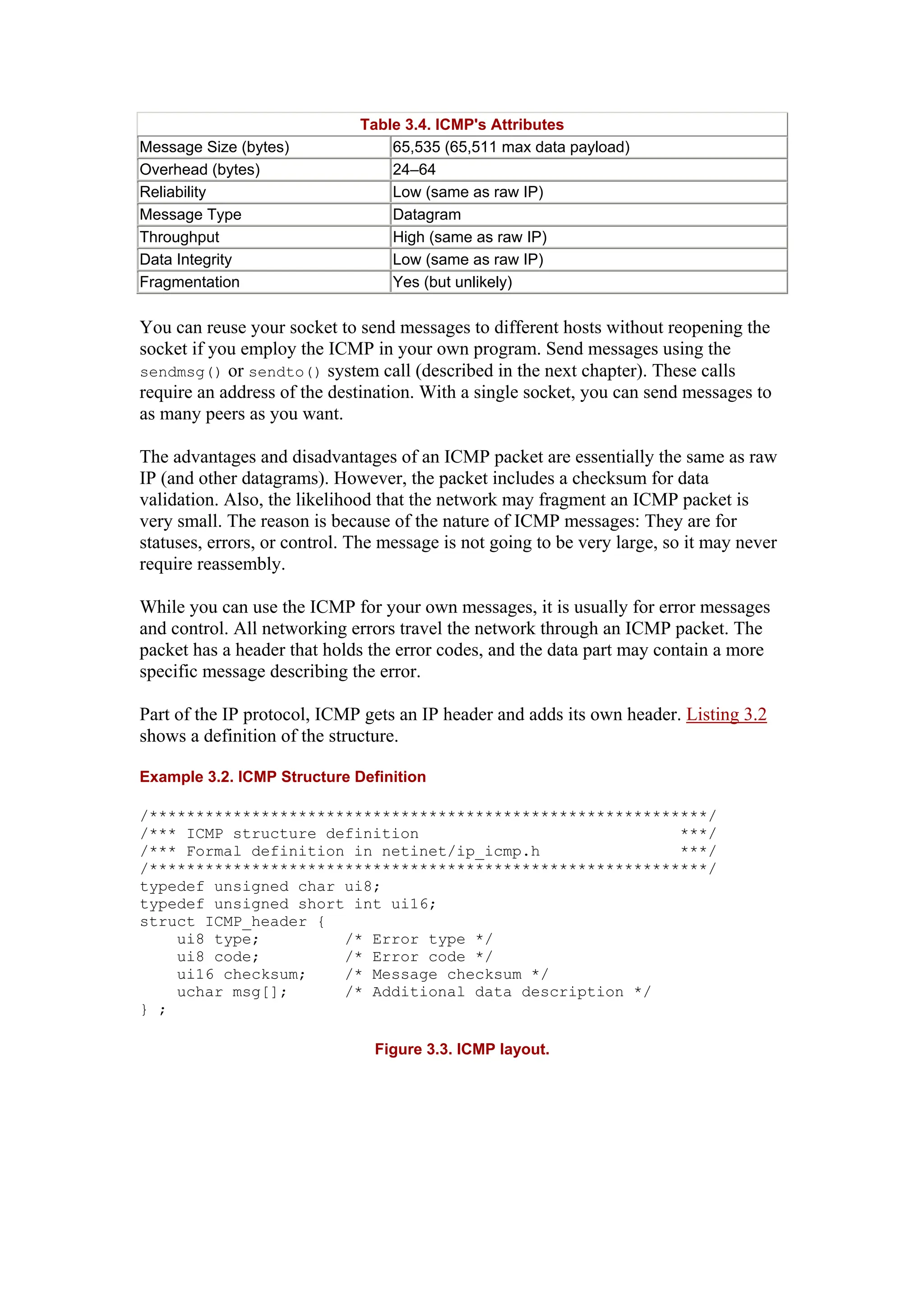 Table 3.4. ICMP's Attributes
Message Size (bytes) 65,535 (65,511 max data payload)
Overhead (bytes) 24–64
Reliability Low (same as raw IP)
Message Type Datagram
Throughput High (same as raw IP)
Data Integrity Low (same as raw IP)
Fragmentation Yes (but unlikely)
You can reuse your socket to send messages to different hosts without reopening the
socket if you employ the ICMP in your own program. Send messages using the
sendmsg() or sendto() system call (described in the next chapter). These calls
require an address of the destination. With a single socket, you can send messages to
as many peers as you want.
The advantages and disadvantages of an ICMP packet are essentially the same as raw
IP (and other datagrams). However, the packet includes a checksum for data
validation. Also, the likelihood that the network may fragment an ICMP packet is
very small. The reason is because of the nature of ICMP messages: They are for
statuses, errors, or control. The message is not going to be very large, so it may never
require reassembly.
While you can use the ICMP for your own messages, it is usually for error messages
and control. All networking errors travel the network through an ICMP packet. The
packet has a header that holds the error codes, and the data part may contain a more
specific message describing the error.
Part of the IP protocol, ICMP gets an IP header and adds its own header. Listing 3.2
shows a definition of the structure.
Example 3.2. ICMP Structure Definition
/************************************************************/
/*** ICMP structure definition ***/
/*** Formal definition in netinet/ip_icmp.h ***/
/************************************************************/
typedef unsigned char ui8;
typedef unsigned short int ui16;
struct ICMP_header {
ui8 type; /* Error type */
ui8 code; /* Error code */
ui16 checksum; /* Message checksum */
uchar msg[]; /* Additional data description */
} ;
Figure 3.3. ICMP layout.
 