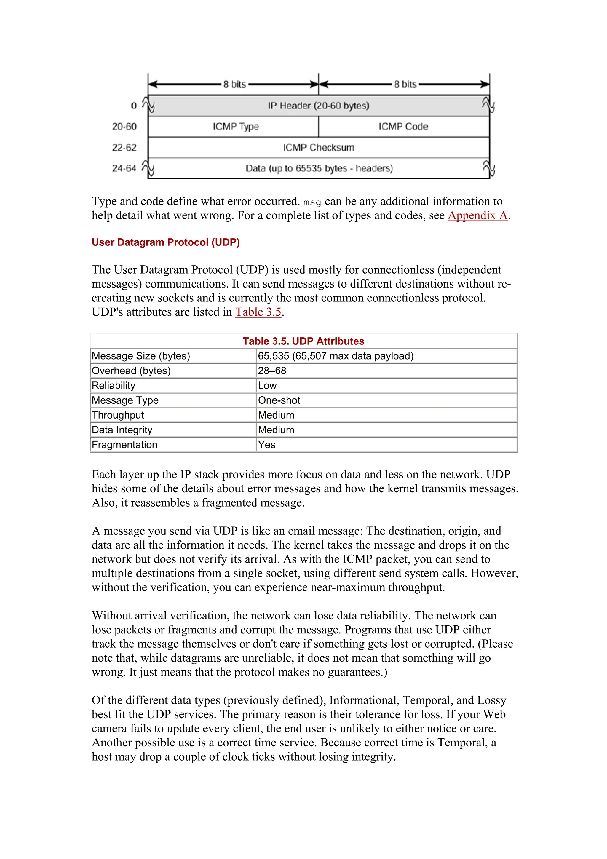 Type and code define what error occurred. msg can be any additional information to
help detail what went wrong. For a complete list of types and codes, see Appendix A.
User Datagram Protocol (UDP)
The User Datagram Protocol (UDP) is used mostly for connectionless (independent
messages) communications. It can send messages to different destinations without re-
creating new sockets and is currently the most common connectionless protocol.
UDP's attributes are listed in Table 3.5.
Table 3.5. UDP Attributes
Message Size (bytes) 65,535 (65,507 max data payload)
Overhead (bytes) 28–68
Reliability Low
Message Type One-shot
Throughput Medium
Data Integrity Medium
Fragmentation Yes
Each layer up the IP stack provides more focus on data and less on the network. UDP
hides some of the details about error messages and how the kernel transmits messages.
Also, it reassembles a fragmented message.
A message you send via UDP is like an email message: The destination, origin, and
data are all the information it needs. The kernel takes the message and drops it on the
network but does not verify its arrival. As with the ICMP packet, you can send to
multiple destinations from a single socket, using different send system calls. However,
without the verification, you can experience near-maximum throughput.
Without arrival verification, the network can lose data reliability. The network can
lose packets or fragments and corrupt the message. Programs that use UDP either
track the message themselves or don't care if something gets lost or corrupted. (Please
note that, while datagrams are unreliable, it does not mean that something will go
wrong. It just means that the protocol makes no guarantees.)
Of the different data types (previously defined), Informational, Temporal, and Lossy
best fit the UDP services. The primary reason is their tolerance for loss. If your Web
camera fails to update every client, the end user is unlikely to either notice or care.
Another possible use is a correct time service. Because correct time is Temporal, a
host may drop a couple of clock ticks without losing integrity.
 