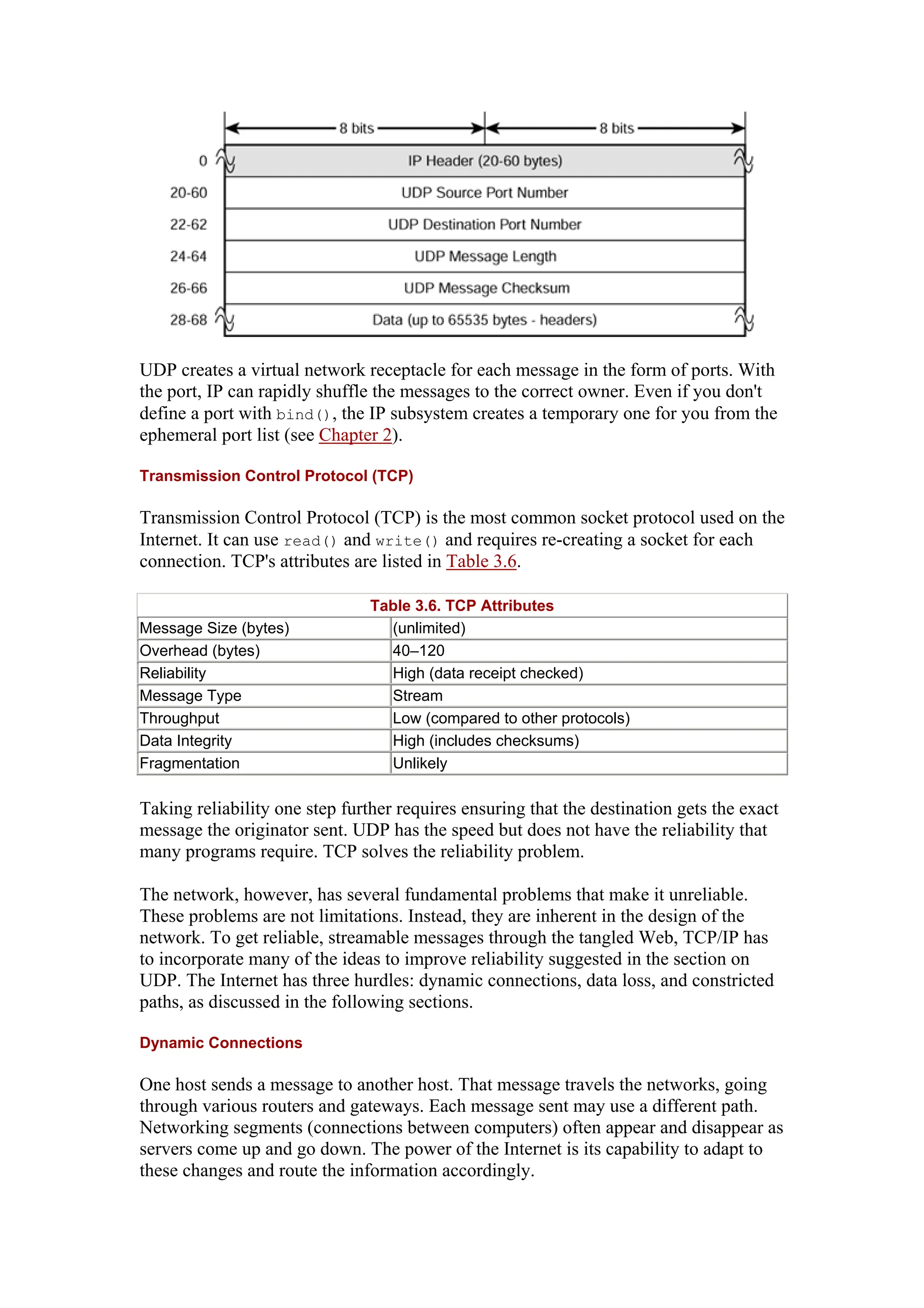 UDP creates a virtual network receptacle for each message in the form of ports. With
the port, IP can rapidly shuffle the messages to the correct owner. Even if you don't
define a port with bind(), the IP subsystem creates a temporary one for you from the
ephemeral port list (see Chapter 2).
Transmission Control Protocol (TCP)
Transmission Control Protocol (TCP) is the most common socket protocol used on the
Internet. It can use read() and write() and requires re-creating a socket for each
connection. TCP's attributes are listed in Table 3.6.
Table 3.6. TCP Attributes
Message Size (bytes) (unlimited)
Overhead (bytes) 40–120
Reliability High (data receipt checked)
Message Type Stream
Throughput Low (compared to other protocols)
Data Integrity High (includes checksums)
Fragmentation Unlikely
Taking reliability one step further requires ensuring that the destination gets the exact
message the originator sent. UDP has the speed but does not have the reliability that
many programs require. TCP solves the reliability problem.
The network, however, has several fundamental problems that make it unreliable.
These problems are not limitations. Instead, they are inherent in the design of the
network. To get reliable, streamable messages through the tangled Web, TCP/IP has
to incorporate many of the ideas to improve reliability suggested in the section on
UDP. The Internet has three hurdles: dynamic connections, data loss, and constricted
paths, as discussed in the following sections.
Dynamic Connections
One host sends a message to another host. That message travels the networks, going
through various routers and gateways. Each message sent may use a different path.
Networking segments (connections between computers) often appear and disappear as
servers come up and go down. The power of the Internet is its capability to adapt to
these changes and route the information accordingly.
 