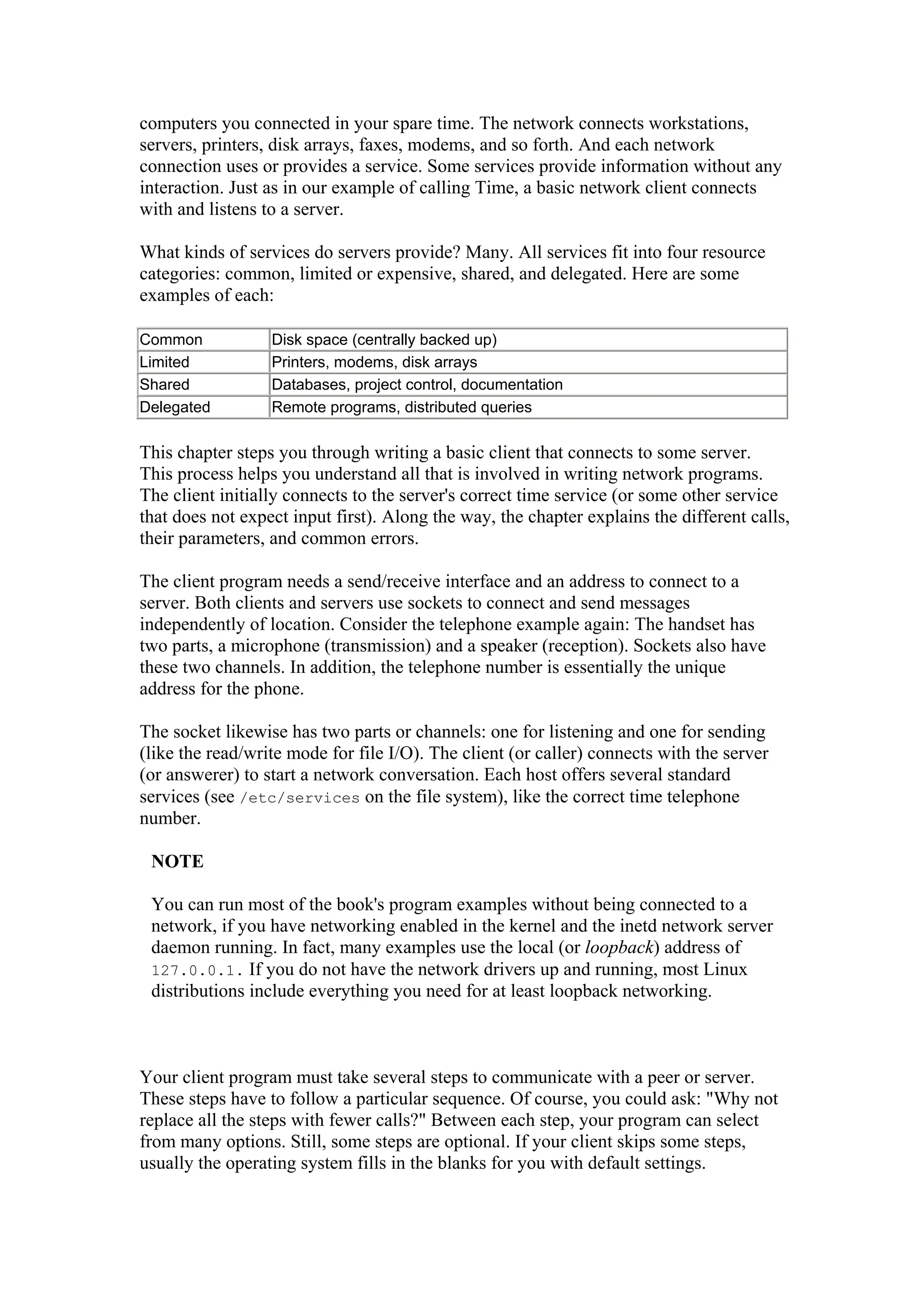 computers you connected in your spare time. The network connects workstations,
servers, printers, disk arrays, faxes, modems, and so forth. And each network
connection uses or provides a service. Some services provide information without any
interaction. Just as in our example of calling Time, a basic network client connects
with and listens to a server.
What kinds of services do servers provide? Many. All services fit into four resource
categories: common, limited or expensive, shared, and delegated. Here are some
examples of each:
Common Disk space (centrally backed up)
Limited Printers, modems, disk arrays
Shared Databases, project control, documentation
Delegated Remote programs, distributed queries
This chapter steps you through writing a basic client that connects to some server.
This process helps you understand all that is involved in writing network programs.
The client initially connects to the server's correct time service (or some other service
that does not expect input first). Along the way, the chapter explains the different calls,
their parameters, and common errors.
The client program needs a send/receive interface and an address to connect to a
server. Both clients and servers use sockets to connect and send messages
independently of location. Consider the telephone example again: The handset has
two parts, a microphone (transmission) and a speaker (reception). Sockets also have
these two channels. In addition, the telephone number is essentially the unique
address for the phone.
The socket likewise has two parts or channels: one for listening and one for sending
(like the read/write mode for file I/O). The client (or caller) connects with the server
(or answerer) to start a network conversation. Each host offers several standard
services (see /etc/services on the file system), like the correct time telephone
number.
NOTE
You can run most of the book's program examples without being connected to a
network, if you have networking enabled in the kernel and the inetd network server
daemon running. In fact, many examples use the local (or loopback) address of
127.0.0.1. If you do not have the network drivers up and running, most Linux
distributions include everything you need for at least loopback networking.
Your client program must take several steps to communicate with a peer or server.
These steps have to follow a particular sequence. Of course, you could ask: "Why not
replace all the steps with fewer calls?" Between each step, your program can select
from many options. Still, some steps are optional. If your client skips some steps,
usually the operating system fills in the blanks for you with default settings.
 