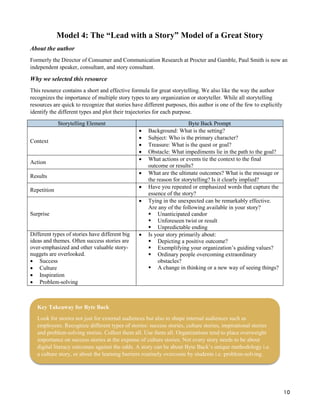 10
Model 4: The “Lead with a Story” Model of a Great Story
About the author
Formerly the Director of Consumer and Communication Research at Procter and Gamble, Paul Smith is now an
independent speaker, consultant, and story consultant.
Why we selected this resource
This resource contains a short and effective formula for great storytelling. We also like the way the author
recognizes the importance of multiple story types to any organization or storyteller. While all storytelling
resources are quick to recognize that stories have different purposes, this author is one of the few to explicitly
identify the different types and plot their trajectories for each purpose.
Storytelling Element Byte Back Prompt
Context
 Background: What is the setting?
 Subject: Who is the primary character?
 Treasure: What is the quest or goal?
 Obstacle: What impediments lie in the path to the goal?
Action
 What actions or events tie the context to the final
outcome or results?
Results
 What are the ultimate outcomes? What is the message or
the reason for storytelling? Is it clearly implied?
Repetition
 Have you repeated or emphasized words that capture the
essence of the story?
Surprise
 Tying in the unexpected can be remarkably effective.
Are any of the following available in your story?
 Unanticipated candor
 Unforeseen twist or result
 Unpredictable ending
Different types of stories have different big
ideas and themes. Often success stories are
over-emphasized and other valuable story-
nuggets are overlooked.
 Success
 Culture
 Inspiration
 Problem-solving
 Is your story primarily about:
 Depicting a positive outcome?
 Exemplifying your organization’s guiding values?
 Ordinary people overcoming extraordinary
obstacles?
 A change in thinking or a new way of seeing things?
Key Takeaway for Byte Back
Look for stories not just for external audiences but also to shape internal audiences such as
employees. Recognize different types of stories: success stories, culture stories, inspirational stories
and problem-solving stories. Collect them all. Use them all. Organizations tend to place overweight
importance on success stories at the expense of culture stories. Not every story needs to be about
digital literacy outcomes against the odds. A story can be about Byte Back’s unique methodology i.e.
a culture story, or about the learning barriers routinely overcome by students i.e. problem-solving.
 