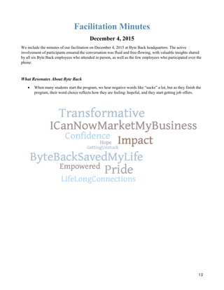 12
Facilitation Minutes
December 4, 2015
We include the minutes of our facilitation on December 4, 2015 at Byte Back headquarters. The active
involvement of participants ensured the conversation was fluid and free-flowing, with valuable insights shared
by all six Byte Back employees who attended in person, as well as the few employees who participated over the
phone.
What Resonates About Byte Back
 When many students start the program, we hear negative words like “sucks” a lot, but as they finish the
program, their word choice reflects how they are feeling: hopeful, and they start getting job offers.
 