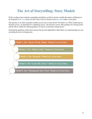 5
The Art of Storytelling: Story Models
Of the six phases that constitute sustainable storytelling, we believe the key variable that makes a difference in
the long-term is the way stories are told. That is why we choose to focus on what makes a story great.
The question is, are there systematic models you can use to create stories? We believe so. While conducting our
literature review, we identified five compelling sources. The first four sources offer guidance for creating stories
and the fifth is notable for offering guidance on what to avoid while creating stories.
Selecting the guidelines within each resource that are most applicable to Byte Back, we created prompts you can
use during the story writing process.
Model 1: The “Stories Worth Telling” Model of a Great Story
Model 2: The “Made to Stick” Model of a Great Story
Model 3: The “Resonate” Model of a Great Story
Model 4: The “Lead with a Story” Model of a Great Story
Model 5: The “Winning the Story Wars” Model of a Great Story
 
