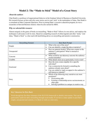 7
Model 2: The “Made to Stick” Model of a Great Story
About the authors
Chip Heath is a professor of organizational behavior at the Graduate School of Business at Stanford University.
His research focuses on how and why some stories survive and ‘stick’ in the marketplace of ideas. Dan Heath is
a consultant at Duke Corporate Education. Prior to joining Duke’s executive education program, he was a
researcher at Harvard Business School, where he also earned his MBA.
Why we selected this resource
Almost uniquely in the genre of books on storytelling, “Made to Stick” follows its own advice, and employs the
techniques it advocates to tell its story. Based on compelling research of urban legends and other ‘sticky’ viral
ideas, “Made to Stick” is a fast read with hard-hitting advice on storytelling and narrative construction.
Storytelling Element Byte Back Prompt
Simple
 What is the core of the story?
 Can you identify a single big idea or narrative?
Unexpected
 How are patterns broken? What runs counter to the
audience’s anticipation? What is unusual or
surprising?
Concrete
 What would be one takeaway outcome the audience
would remember?
Credible  What details stick out as particularly vivid or rich?
Emotional
 Does the story create empathy for a specific
individual?
 Can a connection be formed to something the
audience already cares about?
 Can you embed or imply an appeal to the audience’s
self-interest or identity?
Story
 Which of the following story narratives are most
prominent?
 Overcoming odds
 Forming a relationship across socioeconomic or
other gaps
 Solving a problem in a unique or creative way
Key Takeaway for Byte Back
Work through the first three elements of the SUCCES framework to identify mini-stories. This can be
particularly useful for daily storytelling through social media. If you have a status update or post that is
simple, unexpected and concrete, it is likely to work as a mini-story.
 