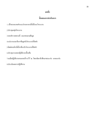33 
บทที่3 
ขั้นตอนการดาเนินการ 
1. ปรึกษำและขอคำ แนะนำจำอำจำรย์ที่ปรึกษำโครงงำน 
2.ประชุมกลุม่โครงงำน 
3.ออกสำรวจสถำนที่ และสอบถำมข้อมูล 
4.แบง่งำนและค้นหำข้อมูลกบัโครงงำนที่จัดทำ 
5.ติดตอ่องค์กรที่เกยี่วข้องกบัโครงงำนที่จัดทำ 
6.ประชุมวำงแผนปฏิบัติงำนเบื้องต้น 
7.ลงมือปฏิบัติงำนตำมแผนที่วำงไว้ณ. วิทยำลัยอำชีวศึกษำขอนแกน่ จ.ขอนแกน่ 
8.ประเมินผลกำรปฏิบัติงำน 
 
