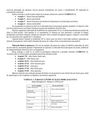 motivele principale ale absenţei, într-un procent semnificativ de cazuri, a modificărilor ST indeosebi la
coronarienii cunoscuţi.
        Kattus concepe o scală în patru trepte de evaluare subiectivă a durerii (TABELUL 1):
            • treapta 1 – durere abia perceptibilă
            • treapta 2 – durere persistentă
            • treapta 3 – durere intensă la care bolnavul obişnuieşte să-şi întrerupă activitatea
            • treapta 4 – durere intolerabilă
        Se recomandă ca testarea la efort să se întrerupă doar în momentul apariţiei gradului 3 al durerii, mult
mai frecventă în acest caz fiind şi însoţirea acesteia de modificări ale ECG-ului.
        Durerea anginoasă neânsoţită de modificări ale segmentului ST nu va determina declararea testului de
efort ca fiind pozitiv, însă apariţia ei, şi asemănarea cu durerea pe care pacientul o percepe în timpul
desfăşurării activităţii cotidiene, rămâne un indicator clinic sensibil al pragului anginos, respectiv a activităţii
pe care pacientul este capabil de a o desfăşura.
        Apariţia durerii însoţită se modificări ST la valori joase de efort şi frecvenţă cardiacă, reprezintă un
element de prognostic nefavorabil indicând din punct de vedere clinic revascularizarea miocardică.

        Oboseala fizică şi epuizarea. Nu este de neglijat, din punct de vedere al stabilirii capacităţii de efort
al unui individ, momentul apariţiei simptomelor de epuizare şi oboseală fizică percepute de acesta, indiferent
de simptomatologia obiectivă care o acompaniază.
        Borg concepe o scală ce se referă la perceperea subiectivă a greutăţii efortului (TABELUL 1).
Această scală are 20 de trepte, permiţând aprecierea efortului astfel:
            • treptele 7-8 – efort foarte foarte uşor
            • treapta 9 – efort foarte uşor
            • treptele 10-12 - efort destul de uşor
            • treptele 13-14 – efort oarecum greu
            • treptele 15-16 – efort greu
            • treptele 17-18 - efort foarte greu
            • treptele 19-20 – efort epuizant.
        Oprirea efortului este realizată spontan de bolnav în momentul în care efortul devine foarte greu, când
de regulă apar şi alte simptome ca dispneea sau durerea anginoasă.

                        TABELUL 1. PARALELĂ ÎNTRE SCALELE BORG ŞI KATTUS
                              după Zdrenghea D., Branea I. (1995) p.64

                                      SCALA BORG                 SCALA KATTUS
                             Foarte, foarte uşor    7
                                                    8      1   Durere abia perceptibilă
                             Foarte uşor            9
                             Destul de uşor         10
                                                    11
                                                    12     2   Durere persistentă
                             Oarecum greu           13
                                                    14
                             Greu                   15         Durere intensă la care
                                                    16     3   bolnavul întrerupe de obicei
                             Foarte greu            17         activitatea
                                                    18
                             Epuizant               19     4   Durere intolerabilă
                                                    20
 