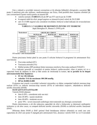 Este o măsură a severităţii stenozei coronariene şi (în absenţa înlăturării chirugicale a acesteia) NU
poate fi ameliorat prin alte mijloace, medicamentoase sau fizice, fiind posibilă doar creşterea efortului pe
care coronarianul îl poate realiza pentru un anumit DP.
           • valorile normale (TABELUL 2) ale DP sau ITT sunt în jur de 33.000
           • în angorul stabil de efort, pragul anginos se situează în jurul valorii de 20-22.000
           • sub 14-15.000 angorul este considerat invalidant, bolnavul având indicaţie de revascularizare
               miocardică.
                     TABELUL 2. VALORILE DE REFERINŢĂ PENTRU ITT TEORETIC
                                   după Zdrenghea D., Branea I. (1995) p.66

                 Încărcătură                      GRUPE DE VÂRSTĂ
                                      18-39 de ani       40-49 de ani    50-60 de ani   40-60 de ani
                                 Varianta 1 Varianta 2             Varianta 1            Varianta 2
                   Repaus         10.034         8.400                                      8.500
                   50 Watts                     15.010       9.675          10.176         15.900
                   75 Watts       21.726        18.200      15.151          18.370         19.050
                  100 Watts       20.723        20.100      21.216          24.603         22.000
                  125 Watts       22.185        24.200      22.022          24.473         26.600
                  150 Watts       25.245         28.00      24.124          23.829         18.900
                  175 Watts       26.080                    26.070
                  200Watts        27.880
       ITT teoretic = (364-vârsta(ani))X100


        Pentru precizarea limitei până la care poate fi solicitat bolnavul în programul de antrenament fizic
sunt folosite:
            • Frecvenţa cardiacă (FC)
            • Tensiunea arterială (TA)
            • Dublul produs (DP) produsul dintre tensiunea sistolică şi frecvenţa cardiacă (TASxFC)
        Ca o indicaţie generală se consideră că pentru bolnavii cardiovasculari, chiar şi pentru cei cu o
capacitate bună de adaptare la efort şi fără semne de intoleranţă la testare, nu se permite în în timpul
antrenamentului fizic depăşirea:
            • FC de 130-140/min
            • valorilor TAS de maximum 180-200 mmHg
            • DP de 20.000-22.000
        Evaluarea mai exactă a severităţii ischemiei miocardice se obţine comparând indicele tensiune-timp
realizat (ITTr) cu indicele tensiune-timp teoretic (ITTt) al individului respectiv, obţinându-se deficitul
aerobic miocardic (DAM)
        DAM=[(ITTt-ITTr)/ITTt]x100
        Valorile DAM obţinute:
            • între 0-20% - considerate nule sau mici
            • între 20-40% - uşoare-moderate
            • între 40-60% - moderate-severe
            • peste 70% - severe (necesară cardiologia intervenţională sau chirurgia coronariană)
        Pentru determinarea a cât din reducerea capacităţii de efort a bolnavului se datorează cardiopatiei
ischemice şi cât altor cauze, se compară deficitul aerobic miocardic (DAM) cu deficitul aerobic funcţional
(DAF).
        Diferenţa dintre DAM şi DAF (primul fiind întotdeauna inferior ultimului) ne arată care este
capacitatea de efort care poate fi câştigată prin antrenament fizic, deoarece valorile DAF nu vor fi niciodată
 