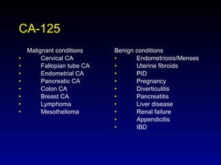 CA-125  Malignant conditions Cervical CA Fallopian tube CA Endometrial CA Pancreatic CA Colon CA Breast CA Lymphoma Mesothelioma Benign conditions Endometriosis/Menses Uterine fibroids PID Pregnancy Diverticulitis Pancreatitis Liver disease Renal failure Appendicitis IBD 