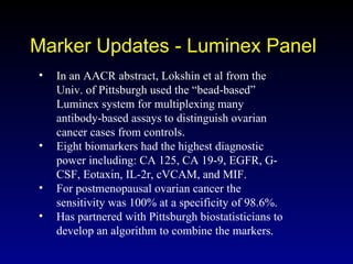 Marker Updates - Luminex Panel In an AACR abstract, Lokshin et al from the Univ. of Pittsburgh used the “bead-based” Luminex system for multiplexing many antibody-based assays to distinguish ovarian cancer cases from controls. Eight biomarkers had the highest diagnostic power including: CA 125, CA 19-9, EGFR, G-CSF, Eotaxin, IL-2r, cVCAM, and MIF. For postmenopausal ovarian cancer the sensitivity was 100% at a specificity of 98.6%. Has partnered with Pittsburgh biostatisticians to develop an algorithm to combine the markers. 