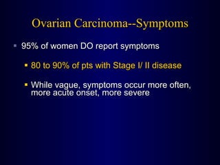 Ovarian Carcinoma--Symptoms 95% of women DO report symptoms 80 to 90% of pts with Stage I/ II disease While vague, symptoms occur more often, more acute onset, more severe 