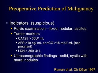 Preoperative Prediction of Malignancy Indicators  (suspicious) Pelvic examination—fixed, nodular, ascites Tumor markers CA125 > 35U/ mL AFP >10 ng/ mL or hCG >15 mIU/ mL (non pregnant) LDH > 350 U/ L Ultrasonographic findings– solid, cystic with mural nodules  Roman et al, Ob &Gyn 1997 