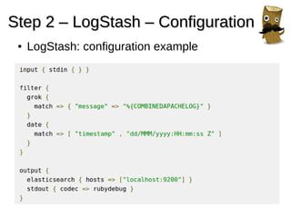 Step 2 – LogStash – ConfigurationStep 2 – LogStash – Configuration
● LogStash: configuration example
 