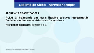 Caderno do Aluno – Aprender Sempre
Caderno do Aluno – Aprender Sempre
SEQUÊNCIA DE ATIVIDADES 1
AULAS 3: Planejando um mural literário coletivo: representação
feminina nas literaturas africana e afro brasileira.
Atividades propostas: páginas 4 a 6.
Aprender Sempre, 2021. Caderno do aluno, Língua Portuguesa, 3ª série EM, vol. 4.
 