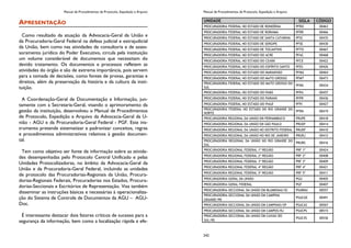 Manual de Procedimentos de Protocolo, Expedição e Arquivo
APRESENTAÇÃO
Como resultado da atuação da Advocacia-Geral da União e
da Procuradoria-Geral Federal na defesa judicial e extrajudicial
da União, bem como nas atividades de consultoria e de asses-
soramento jurídico do Poder Executivo, circula pela instituição
um volume considerável de documentos que necessitam do
devido tratamento. Os documentos e processos refletem as
atividades do órgão e são de extrema importância, pois servem
para a tomada de decisões, como fontes de provas, garantias e
direitos, além da preservação da história e da cultura da insti-
tuição.
A Coordenação-Geral de Documentação e Informação, jun-
tamente com a Secretaria-Geral, visando o aprimoramento da
gestão da instituição, desenvolveu o Manual de Procedimentos
de Protocolo, Expedição e Arquivo da Advocacia-Geral da U-
nião - AGU e da Procuradoria-Geral Federal - PGF. Este ins-
trumento pretende sistematizar e padronizar conceitos, regras
e procedimentos administrativos relativos à gestão documen-
tal.
Tem como objetivo ser fonte de informação sobre as ativida-
des desempenhadas pelo Protocolo Central Unificado e pelas
Unidades Protocolizadoras, no âmbito da Advocacia-Geral da
União e da Procuradoria-Geral Federal, incluindo as unidades
de protocolo das Procuradorias-Regionais da União, Procura-
dorias-Regionais Federais, Procuradorias nos Estados, Procura-
dorias-Seccionais e Escritórios de Representação. Visa também
disseminar as instruções básicas e necessárias à operacionaliza-
ção do Sistema de Controle de Documentos da AGU – AGU-
Doc.
É interessante destacar dois fatores críticos de sucesso para a
segurança da informação, bem como a localização rápida e efe-
Manual de Procedimentos de Protocolo, Expedição e Arquivo
242
UNIDADE SIGLA CÓDIGO
PROCURADORIA FEDERAL NO ESTADO DE RONDÔNIA PFRO 00463
PROCURADORIA FEDERAL NO ESTADO DE RORAIMA PFRR 00466
PROCURADORIA FEDERAL NO ESTADO DE SANTA CATARINA PFSC 00435
PROCURADORIA FEDERAL NO ESTADO DE SERGIPE PFSE 00430
PROCURADORIA FEDERAL NO ESTADO DE TOCANTINS PFTO 00467
PROCURADORIA FEDERAL NO ESTADO DO ACRE PFAC 00468
PROCURADORIA FEDERAL NO ESTADO DO CEARÁ PFCE 00422
PROCURADORIA FEDERAL NO ESTADO DO ESPÍRITO SANTO PFES 00426
PROCURADORIA FEDERAL NO ESTADO DO MARANHÃO PFMA 00464
PROCURADORIA FEDERAL NO ESTADO DO MATO GROSSO PFMT 00473
PROCURADORIA FEDERAL NO ESTADO DO MATO GROSSO DO
SUL
PFMS 00434
PROCURADORIA FEDERAL NO ESTADO DO PARÁ PFPA 00457
PROCURADORIA FEDERAL NO ESTADO DO PARANÁ PFPR 00436
PROCURADORIA FEDERAL NO ESTADO DO PIAUÍ PFPI 00427
PROCURADORIA FEDERAL NO ESTADO DO RIO GRANDE DO
NORTE
PFRN 00419
PROCURADORIA REGIONAL DA UNIÃO EM PERNAMBUCO PRUPE 00418
PROCURADORIA REGIONAL DA UNIÃO EM SÃO PAULO PRUSP 00414
PROCURADORIA REGIONAL DA UNIÃO NO DISTRITO FEDERAL PRUDF 00410
PROCURADORIA REGIONAL DA UNIÃO NO RIO DE JANEIRO PRURJ 00412
PROCURADORIA REGIONAL DA UNIÃO NO RIO GRANDE DO
SUL
PRURS 00416
PROCURADORIA REGIONAL FEDERAL 1ª REGIÃO PRF 1ª 00424
PROCURADORIA REGIONAL FEDERAL 2ª REGIÃO PRF 2ª 00408
PROCURADORIA REGIONAL FEDERAL 3ª REGIÃO PRF 3ª 00409
PROCURADORIA REGIONAL FEDERAL 4ª REGIÃO PRF 4ª 00421
PROCURADORIA REGIONAL FEDERAL 5ª REGIÃO PRF 5ª 00411
PROCURADORIA-GERAL DA UNIÃO PGU 00405
PROCURADORIA-GERAL FEDERAL PGF 00407
PROCURADORIA-SECCIONAL DA UNIÃO EM BLUMENAU/SC PSUBNU 00557
PROCURADORIA-SECCIONAL DA UNIÃO EM CAMPINA
GRANDE/PB
PSUCGE 00491
PROCURADORIA-SECCIONAL DA UNIÃO EM CAMPINAS/SP PSUCAS 00567
PROCURADORIA-SECCIONAL DA UNIÃO EM CAMPOS/RJ PSUCPS 00515
PROCURADORIA-SECCIONAL DA UNIÃO EM CAXIAS DO
SUL/RS
PSUCXS 00536
 