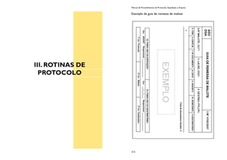 III. ROTINAS DE
PROTOCOLO
Manual de Procedimentos de Protocolo, Expedição e Arquivo
212
Exemplo de guia de remessa de malote
 