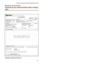 Manual de Procedimentos de Protocolo, Expedição e Arquivo
211
Exemplo de capa de processo
EXEMPLOS DE FORMULÁRIOS PARA EXPEDI-
ÇÃO
Exemplo de guia dos Correios
 
