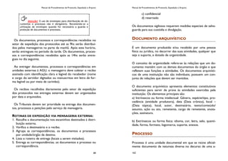 Manual de Procedimentos de Protocolo, Expedição e Arquivo
89
Os documentos, processos e correspondências recebidos no
setor de expedição dos protocolos até as 9hs serão distribuí-
dos pelos mensageiros na parte da manhã. Após este horário,
serão entregues no período da tarde. Os documentos, proces-
sos e correspondências recebidos após as 14hs serão entre-
gues no dia seguinte.
Ao entregar documentos, processos e correspondências em
unidades externas à AGU, o mensageiro deve coletar o recibo
assinado com identificação clara e legível do recebedor (nome
e cargo do servidor digitados ou manuscritos em letra de for-
ma legível ou por meio de carimbo).
Os recibos recolhidos diariamente pelo setor de expedição
dos protocolos nas entregas externas devem ser organizados
por data e arquivados.
Os Tribunais devem ter prioridade na entrega dos documen-
tos, processos e petições pelo serviço de mensageria.
ROTINAS DE EXPEDIÇÃO VIA MENSAGERIA EXTERNA:
1. Recolhe a documentação nos escaninhos destinados à distri-
buição externa.
2. Verifica o destinatário e o recibo.
3. Agrupa as correspondências, os documentos e processos
por unidade/órgão de destino.
4. Lista o roteiro de entrega (locais a serem visitados).
5. Entrega as correspondências, os documentos e processo ou
correspondência.
Atenção! O uso de envelopes para distribuição de do-
cumentos e processos não é obrigatório. Recomenda-se a
utilização de envelopes quando for necessária a guarda e
proteção de documentos e processos.
Manual de Procedimentos de Protocolo, Expedição e Arquivo
162
c) confidencial
d) reservado
Os documentos sigilosos requerem medidas especiais de salva-
guarda para sua custódia e divulgação.
DOCUMENTO ARQUIVÍSTICO
É um documento produzido e/ou recebido por uma pessoa
física ou jurídica, no decorrer das suas atividades, qualquer que
seja o suporte, e dotado de organicidade.
O conceito de organicidade refere-se às relações que um do-
cumento mantém com os demais documentos do órgão e que
refletem suas funções e atividades. Os documentos arquivísti-
cos de uma instituição não são individuais; possuem um con-
junto de relações que devem ser mantidos.
O documento arquivístico apresenta elementos constitutivos
suficientes para servir de prova às atividades exercidas pela
instituição. Os elementos principais são:
a) Intrínsecos ou forma intelectual: Gênero, espécie/tipo, pro-
cedência (entidade produtora), data (Data crônica), local –
(Data tópica), local, autor, destinatário, texto/conteúdo/
assunto, ação ou ato, remetente, cargo de remetente, anota-
ções, assinatura.
b) Extrínsecos ou forma física: idioma, cor, letra, selo, quanti-
dade, forma, formato, logomarca, suporte, anexos.
PROCESSO
Processo é uma unidade documental em que se reúne oficial-
mente documento de natureza diversa no decurso de uma a-
 