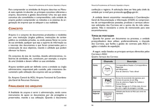 Manual de Procedimentos de Protocolo, Expedição e Arquivo
157
Para compreender as atividades de Arquivo descritas no Manu-
al, este capítulo irá abordar os principais conceitos referentes a
arquivo, documento e gestão documental. Uma vez que estes
conceitos são consolidados e compreendidos, cada unidade de
arquivo poderá compreender os métodos e os sistemas de or-
ganização de arquivos que se adéquam a sua realidade.
CONCEITO
Arquivo é o conjunto de documentos produzidos e recebidos
por uma instituição (órgãos públicos, instituições de caráter
público ou entidades privadas, ou ainda pessoa física) no curso
de sua atividade, qualquer que seja o suporte da informação ou
a natureza dos documentos e que foram preservados para a
consecução de seus objetivos, visando à utilidade que podem
oferecer no futuro.
Os conjuntos de atas de reuniões, dossiês administrativos, re-
latórios de atividades, etc, constituem, por exemplo, o arquivo
de uma Unidade e devem refletir as suas atividades.
Arquivo também pode ser definido como a entidade ou órgão
administrativo responsável pela custódia, pelo tratamento do-
cumental e pela utilização dos arquivos sob sua jurisdição.
Ex: Arquivo Central da AGU, Arquivo Funcional da Coordena-
ção-Geral de Recursos Humanos.
FINALIDADE DO ARQUIVO
A finalidade do arquivo é servir à administração, tendo como
instrumento de apoio os documentos por ele protegidos e
preservados, visando a sua utilização. Quando o documento
Manual de Procedimentos de Protocolo, Expedição e Arquivo
94
confecção e registro. A solicitação deve ser feita pelo chefe da
unidade por e-mail para protocolo.agu@agu.gov.br.
A unidade deverá encaminhar mensalmente à Coordenação-
Geral de Documentação e Informação (CGDI) os comprovan-
tes de correspondências postadas, produtos e serviços adicio-
nais solicitados dos Correios até o quinto dia do mês subse-
qüente. Não é necessário o envio de memorando para este
encaminhamento.
TIPOS DE POSTAGEM
Quando for postar um documento ou processo, a unidade
protocolizadora deve utilizar, preferencialmente, a chancela
dos Correios, que facilita a gestão do contrato pela AGU e
agiliza o trabalho de expedição.
A seguir, estão listados os principais serviços oferecidos pelos
Correios à AGU:
Quadro: Serviços dos Correios.
Chancela Descrição
Carta Correspondência Simples e Correspondência
Registrada
(até 500 gramas).
Área de cobertura: Todo o Brasil
PAC Serviço de encomenda não-expressa, para
remessa de pacotes de até 30kg.
Área de cobertura: Região Sul, Sudeste e
Centro-Oeste.
Entrega: Entrega em 3 a 8 dias úteis, de acor-
do com a região de postagem e entrega.
Impresso
Especial
Utilizado pela Escola da AGU para envio de
impressos.
 