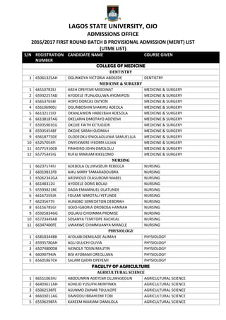 LAGOS STATE UNIVERSITY, OJO
ADMISSIONS OFFICE
2016/2017 FIRST ROUND BATCH B PROVISIONAL ADMISSION (MERIT) LIST
(UTME LIST)
S/N REGISTRATION
NUMBER
CANDIDATE NAME COURSE GIVEN
COLLEGE OF MEDICINE
DENTISTRY
1 65061325AH OGUNKOYA VICTORIA ABOSEDE DENTISTRY
MEDICINE & SURGERY
1 66510782EJ AREH OPEYEMI MEEDINAT MEDICINE & SURGERY
2 65932257AD AYODELE ITUNUOLUWA AYOMIPOSI MEDICINE & SURGERY
3 65653765BI HOPO DORCAS OVIYON MEDICINE & SURGERY
4 65610690DJ OGUNBOSHIN SHAKIRU ADEOLA MEDICINE & SURGERY
5 66132115ID OKANLAWON HABEEBAH ADESOLA MEDICINE & SURGERY
6 66138187AG OKELARIN OMOTAYO ADEYEMI MEDICINE & SURGERY
7 65935903CG OKOJIE FAITH KETUOJOR MEDICINE & SURGERY
8 65935454BF OKOJIE SARAH OJOMAH MEDICINE & SURGERY
9 65618775DE OLODEOKU ENIOLAOLUWA SAMUELLLA MEDICINE & SURGERY
10 65257054FI ONYEKWERE IFEOMA LILIAN MEDICINE & SURGERY
11 65771910CB PINHEIRO JOHN OMOLOLU MEDICINE & SURGERY
12 65775445IG RUFAI MARIAM KIKELOMO MEDICINE & SURGERY
NURSING
1 66237174FJ ADEBOLA OLUWASEUN REBECCA NURSING
2 66019832FB AIKU MARY TAMARADOUBRA NURSING
3 65062342GA AROWOLO OLASUBOMI MABEL NURSING
4 66148312IJ AYODELE DORIS BOLAJI NURSING
5 65593821BC DADA EMMANUEL OLATUNDE NURSING
6 66167259JA FOLAMI NIMOTALI YETUNDE NURSING
7 66235677II HUNGBO SEMEDETON DEBORAH NURSING
8 65156785GI IJOJO-IGBORIA OROBOSA HANNAH NURSING
9 65925834GG OGUAJU CHIDINMA PROMISE NURSING
10 65723449AB SOSANYA TEMITOPE RACHEAL NURSING
11 66347400FE UWAKWE CHIMMUANYA MIRACLE NURSING
PHYSIOLOGY
1 65818344BB AFOLABI DEMILADE ALIMAH PHYSIOLOGY
2 65935780AH AGU OLUCHI OLIVIA PHYSIOLOGY
3 65074800DB AKINOLA TOSIN MAUTIN PHYSIOLOGY
4 66090794IA BISI AYOBAMI OREOLUWA PHYSIOLOGY
5 65601867CH SALAM QADRI OPEYEMI PHYSIOLOGY
FACULTY OF AGRICULTURE
AGRICULTURAL SCIENCE
1 66511063HJ ABODUNRIN ADEYEMI OLUWASEGUN AGRICULTURAL SCIENCE
2 66403611AH ADHEJO YUSUPH AKINYINKA AGRICULTURAL SCIENCE
3 65062538FE ASUNMO ZAINAB TOLULOPE AGRICULTURAL SCIENCE
4 66603011AG DAWODU IBRAHEEM TOBI AGRICULTURAL SCIENCE
5 65596298FA KAREEM MARIAM DAMILOLA AGRICULTURAL SCIENCE
 