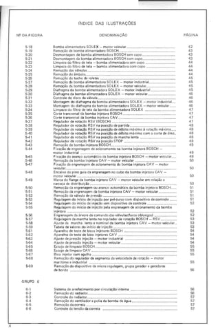 N~ DA FIGURA
5·18
5·19
5-20
5-21
5·22
5·23
5·24
5-25
5-26
5-27
5-28
5-29
5-30
5-31
5-32
5-33
5·34
5-35
5·36
5·37
5-38
5-39
5·40
5·41
5·42
5·43
5-44
5·45
5·46
5·47
5-48
5-49
5·50
5·51
5-52
5-53
5·54
5·55
5·56
5·57
5·58
5-59
5-61
5-62
5·63
5-64
5·65
5·66
5·67
5-68
5-69
GRUPO 6
6·1
6·2
6-3
6·4
6·5
6-6
INDICE DAS ILUSTRAÇOES
DENOMINAÇÃO
Bomba alimentadora SOLEX - motor veicular .................................................
Remoção da bomba alimentadora BOSCH.........................................................
Desmontagem da bomba alimentadora BOSCH sem copo .................................
Desmont agem da bomba alimentadora BOSCH com copo.................................
Limpeza do filtro de tela - bomba alimentadora sem copo ..............................
Limpeza do f iltro de tela - bomba alimentadora com copo .............................
Remoção das válvulas ........................................................................................
Remoção do êmbolo..........................................................................................
Remoção do tucho de roletes ...........................................................................
Remoção da bomba alimentadora SOLEX - motor indust rial...........................
Remoção da bomba alimentadora SO LE X - motor veicular..............................
Diafragma da bomba alimentadora SO LEX - motor industri al .........................
Diafragma da bomba alimentadora SO LE X - motor veicu lar............................
Controle do disco da válvul a.................. ......... ................................................ .. .
Montagem do diafragma da bomba alimentadora SOLEX - motor industrial....
Montagem do diafragma da bomba alimentadora SOLEX - motor veicul ar ......
Limpeza do f iltro de tela da bomba alimentadora SOLE X ...............................
Corte transversal da bomba injetora BOSCH .....................................................
Corte transversal da bomba injetora CA V ..........................................................
Regulador de rotação RSV (BOSCH) ................................................................
Regu lador de rotação RSV na posição de partida ..............................................
Regulador de rotação RSV na posição de débito máximo à rotação máxima.....
Regulador de rotação RSV na posição de débito máximo com o corte de óleo..
Regulador de rotação RSV na posição de marcha lenta ....................................
Regulador de rotação RSV na posição STOP .. ..................................................
Remoção da bomba injetora BOSCH.................................................................
Fixação da engrenagem de acionamento na bomba injetora BOSCH -
motor industrial ...............................................................................................
Fixação do avanço automático da bomba injetora BOSCH - motor veicular.....
Remoção da bomba injetora CAV - motor veicular .................................... .....
Fixação da engrenagem de acionamento da bomba injetora CAV - motor
veicul at..............................................................................................................
Encaixe do pino guia da engrenagem no cubo da bomba injetora CAV -
motor veicular ...................................................................................................
Marca do flange da bomba injetora CAV - motor veicular em relação a
carcaça de distribu ição ......................... ............ .................................................
Remoção da engrenagem ou avanço automático da bom ba injetora BOSCH......
Remoção da engrenagem da bomba injetora CAV - motor veicular..................
Remoção da válvula de pressão .........................................................................
Regu lagem do iníci o de injeção por pré·curso com dispositi vo de control e .......
Regulagem do in ício de injeção sem dispositivo de controle .............................
Regulagem do início de injeção pela engrenagem de acionamento da bomba
injetora ......... '" ............................................................................ .....................
Engrenagem da árvore de comando das válvulas(fu ros oblongos) ......................
Regulagem da marcha lenta no regu lador de rotação BOSCH - RSV ................
Ajuste da marcha lenta e nomi nal da bomba injetora CAV - motor veicular..
Tabela de val ores do in ício de injeção ...............................................................
Aparel ho de teste de bicos injetores BOSCH ....................................................
Aparelho de teste de bico injetores CAV ..........................................................
A juste de pressão injeção _. motor industrial ...................................................
Ajuste de pressão injeção - motor veicular .......................................................
Estojo de limpeza BOSCH .................................................................................
Estojo de limpeza CAV .....................................................................................
Bico injetor com agulha ....................................................................................
Remoção do regulador de segmento da velocidade de rotação - motor
marít imo e industrial .......................................................................................
Remoção do disposit ivo de micro regulagem, grupo gerador e geradores
de bordo ..........................................................................................................
Sistema de arrefecimento por circulação interna ..............................................
Remoção do radiador............................ .............................................................
Controle do radiador..........................................................................................
Remoção do ventilador e polia da bomba de água .............................................
Remoção da correi a ..........................................................................................
Controle da tensão da correia ..........................................................................
PÁGINA
42
43
43
43
44
44
44
44
45
45
45
45
46
46
46
46
47
47
47
47
48
48
48
48
49
49
49
49
50
50
50
50
51
51
51
51
52
52
52
53
53
53
54
54
54
54
55
55
55
55
56
56
56
57
57
57
57
x
 