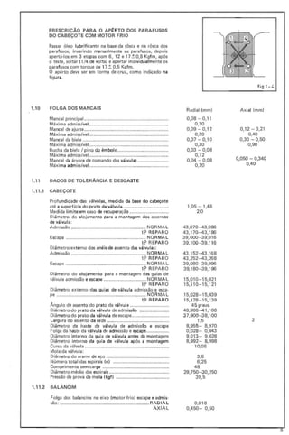PRESCRiÇÃO PARA O APf:RTO DOS PARAFUSOS
DO CABEÇOTE COM MOTOR FRIO
Passar óleo lubrificante na base da rôsca e na rôsca dos
parafusos, inserindo manualmente os parafusos, depois
apertá·los em 3 etapas com 6, '2 e '7 '± 0,5 Kgfm, após
o teste, soltar (' /4 de volta) e apertar individualmente os
parafusos com torque de 17 ±. 0,5 Kgfm.
O apêrto deve ser em forma de cruz, como indicado na
figu ra.
1.10 FOLGA DOS MANCAIS
Mancai principal ...............................................................
Máxima admissível ...........................................................
Mancai de ajuste............................................,................. .
Máxima admissível ...........................................................
Mancai da biela ................................................................
Máxima admissível ...........................................................
Bucha da biela / pino do êmbol o......................................
Máxi ma admissível ........... ............................ .................. ..
Mancai da árvore de comando das válvulas .......................
Máxi ma admiss i'vel...........................................................
1.11 DADOS DE TOLERÂNCIA E DESGASTE
1.11.1 CABEÇOTE
Profu ndidade das válvulas, medida da base do cabeçote
até a superfície do prato da válvula...................................
Medida limite em caso de recuperação .............................
Diâmetro do alojamento para a montagem dos assentos
de válvula:
Adm issão ........................................................ NOR MA L
,~ REPARO
Escape .......................................... .................. NO RMA L
,~ RE PA RO
Diâmetro externo dos anéis de assento das válvulas:
Admissão ........................................................ NO RMAL
,~ REPARO
Escape .......................................................... .. NO RMA L
1<? REPARO
Diâmetro do alojamento para a montagem das guias de
válvu la adm issão e escape ................................ NORMAL
,~ REPA RO
Diâmetro externo das guias de válvula admissão e esca·
pe ............................. .. .............................. ...... NOR MAL
19 REPARO
Ângulo de assento do prato da vál vula .............................
Diâmetro do prato da válvula de admissão .................... ..
Diâmetro do prato da válvula de escape............................
Largura do assento da sede ..............................................
Diâmetro da haste da válvula de admissão e escape
Folga da haste da válvula de admissão e escape.................
Diâmetro interno da guia de válvula antes da montagem
Diâmetro interno da guia de válvula após a montagem
Curso da válvula ...............................................................
Mola da válvula:
Diâmetro do arame de aço ...............................................
Número total das espirais (n) ..........................................
Comprimento sem carga ..................................................
Diâmetro médio das espirais .............................................
Pressão de prova da mola (kgf) ........................................
1.11.2 BALANCIM
Folga dos balancins no eixo (motor frio ) escape e admis·
são: ................................................................... RAD IA L
AXIAL
fig 1- 4
Radial (mm )
0,08 - 0,11
0,20
0,09 - 0,12
0,20
0,07 - 0,'0
0,30
0,03 - 0,08
0,12
0,04 - 0,08
0,20
1,05 - 1,45
2,0
43,070-43,086
43,170-43,1 86
39,000- 39,016
39,100-39,116
43,152-43,168
43,252-43,268
39,080- 39,096
39,180- 39,196
15,010-' 5,021
15,1 10- 15,121
15,028- 15,039
15,128- 15,139
45 graus
40,900-41,100
37,900-38,100
1,5
8,955- 8,970
0,028- 0,043
9,01 3- 9,028
8,992- 8,998
10,05
3,8
6,25
48
29,750-30,250
39,5
0,018
0,450- 0,50
Axial (mm)
0,12 - 0,21
0,40
0,30 - 0,50
0,90
0,050 - 0,340
0,40
2
6
 