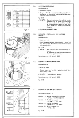 i
VA LOR
L OHG.
CIL 1
TR A N SV.
L ON G.
CI L 2.
TR ANS V.
LONG.
CIL J
TRAN SV
L ONG.
CI L lo
TRA N SV.
LO NG
>
C L 5
LON
"'
TR ANSV
z
.. L ONG .
O< C IL 6
~
TRANSV.
TABEL A DE MEDi ÇÃO
fig3-28
fi g 3- 29
fig3-30
fig 3- 31
3.3.4 CONTROLE DO t:MBOLO
FERRAMENTA
1 Micrômetro externo
1- Limpar o êmbolo e executar a medição do diâmetro
do mesmo em 3 posições, longitudinalmente e verti-
calmente com o micrômetro.
f igo 3-28
ATENÇÃO : Caso o êmbolo tiver formação de estrias
o mesmo pode ser polido mediante pedra
de carborundum. As canaletas poderão
ser limpas com um pedaço de anel que-
brado sem todavia danificar o alojamento
dos anéis.
2- Anotar os resultados na tabela.
3.3.5 REMOÇÃO E INSTALAÇÃO DOS AN ~ IS DO
t:MBOLO
FERRAMENTA
1 Alicate para aneis
1- Abrir cuidadosamente os aneis mediante o alicate até
que os mesmos se deixem remover ou instalar sobre a
cabeça do êmbolo.
figo 3-29
ATEN çÃO: A marcação "TOP" deve f icar sempre pa-
ra cima.
As aberturas dos aneis sempre deverão ser
montadas opostas entre si .
Operação anterior vide capítulo 3.3.3
3.3.6 CONTROLE DA FOLGA DOS AN t:IS
FERRAMENTA
1 Cálibre de folgas
1- Colocar o anel bem paralelo à fase da camisa de ciUn-
dros e medir a folga.
ATENÇÃO : Folga vide dados técnicos.
Operação anterior vide capítulo 3.3. 5
figo 3-30
3.3.7 DISPOSiÇÃO DOS ANEIS DO t:MBOLO
(MOTOR INDUSTRIAL)
Canaleta I - Anel de compressão trapezoidal
105/96x3 FCRPT DI N 24914
Canaleta II - Anel de compressão
105/96x2 FPT DIN 24911
Canaleta III - Anel de compressão
105/96x2 FPT DIN 24930
Canaleta VI - Anel raspador de óleo
105/96x4 CRS
figo 3-31
19
 
