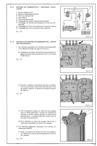 5.1.2 SISTEMA DE COMBUSTIVEL - MOTORES VEICU·
LARES
, - Bomba injetora CAV
2- Bom ba ali mentadora SO LE X
3 · Filt ro de combustível
4- Bico injetor
5- Tubos de alta pressão
6- Tu bul ação do tanque à bomba alimentadora
7- Tubulação da bomba alimentadora ao filtro de com-
bustível
8- Tubulação do filtro de combustível à bomba injetora
9- Tubulação de retorno do porta bicos injetores_
figo 5·2
5.1.3 SANGRIA DO SISTEMA DE COMBUSTlVEL - MOTO-
RES INDUSTRIAIS
,- Em motores equipados com bomba alimentadora SO-
LEX, deve-se proceder da seguinte maneira:
a) O parafuso de sangria da bomba injetora deverá ser
desaparafusado aproximadamente em 3 a 4 voltas.
(Vide flecha)
figo 5·3
7
fig5-2
f ig 5- 3
fi g 5- 4
b) Acionar a bomba alimentadora até que o combus-
tlvel saia na bomba injetora sem bolhas de ar e nes-
ta ocasião reapertar o parafuso de sangria da bom-
ba injetora.
figo 5-4
c) Não é necessário sangrar os tu bos de alta pressão,
caso se tenha esvaziado o tanque de combustível
du rante o serviço, apenas quando os tubos forem
desm ontados e co nsequentemente terem sido es-
vaziados completamente.
d) Para reencher os tubos de pressão, basta girar o
motor por intermédio do motor de arranque.
2- Em motores industriais equipados com bomba ali-
mentadora BOSCH
a) Soltar o parafuso de sangria do filtro de combustí-
ve l (desde que exista) aproximadamente 3 a 4 vol-
tas_ (flecha).
figo 5·5
f ig5-S
 
