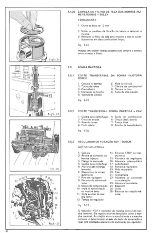 11
'0
9
f ig5 - 37
5.4.20 LIMPEZA DO FILTRO DE TELA DAS BOMBAS ALI·
MENTADORAS - SOLEX
FERRAMENTA
1 Chave de boca de 1Omm
,. Soltar o parafuso de fi xação da tampa e remover a
mesma.
2- Remover o filtro de tela pelo moente e lavá-lo cuida-
dosamente em óleo combust ível limpo.
fi go 5-34
Instalar em ordem inversa substi tuindo sempre a cortiça
entre a tampa e fi ltro.
fig5-34
5.5 BOMBA INJETORA
5.5.1 CORTE TRANSVERSAL DA BOMBA INJETORA
BOSCH
, . Carcaça da bomba 6 Mola da válvula
2- Tucho de rolete 7- Câmara de combustível
3- Cremalheira 8- Câmara de óleo
4- Elemento da bomba 9- Tu bo de alta pressão
5- Válvula de pressão
figo 5-35
2
5.5.2 CORTE TRANSVERSAL BOMBA INJETORA - CAV
f i g5- 3 5
, - Contr·a peso centrifugais 5- Salda de combustível
2- Disco de arraste 6- Chapas deslizadoras
3- Anel de cames 7- Tampa f inal
4- Porta rolete 8· Bomba de transferênci a
figo 5-36
5.5.3 REGULADOR DE ROTAÇÃO RSV - BOSCH
MOTOR INDUSTR IA L
, - Carcaça 14- Encosto STOP ou mar-
2- Árvore de coman do da cha lenta
bomba injetora 15- A lavanca de regul agem
3- Flange de comando 16- A lavanca intermediária
4 - Contra peso centrifugo 17- Lubrificador
5- A lavanca de estrangu - 18- Alavanca regu ladora
fig5 - 36 lamento , 9- Mola de partida
6- Dispositivo de estran- 20- Tala
gulamento 21 - Cremalheira
7- Pino de regu lagem 22- A lavanca de comando
8- Encosto de débito má- ou aceleração
ximo 23- A lavanca basculante
9- Discos de compensação 24- Balancim
10- Mola de aproximação 25- Cubo
ou marcha lenta 26- Encosto da rotação má-
1'- Mola auxiliar da mar- xi ma
cha lenta
, 2- Tampa do regul ador
figo 5·37
O regulador ASV é regu lador de marcha lenta e de mar-
cha nominal. Ele regula a marcha lenta bem como a mar-
cha nominal. A rotação entre a marcha lenta e a marcha
nominal é determi nada através da haste de aceleração a
qual está acoplada a alavanca de aceleração do regu lador.
47
 